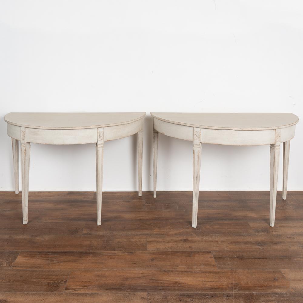 Swedish Pair, Gustavian White Painted Demi Lune Side Tables Consoles, circa 1860-80
