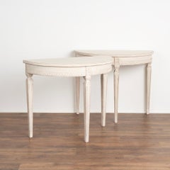 Pair, Gustavian White Painted Demi Lunes Side Tables Consoles from Sweden, circa