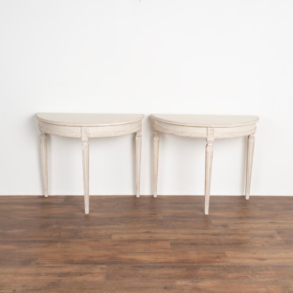Swedish Pair, Gustavian White Painted Demi Lunes Side Tables Consoles from Sweden, circa