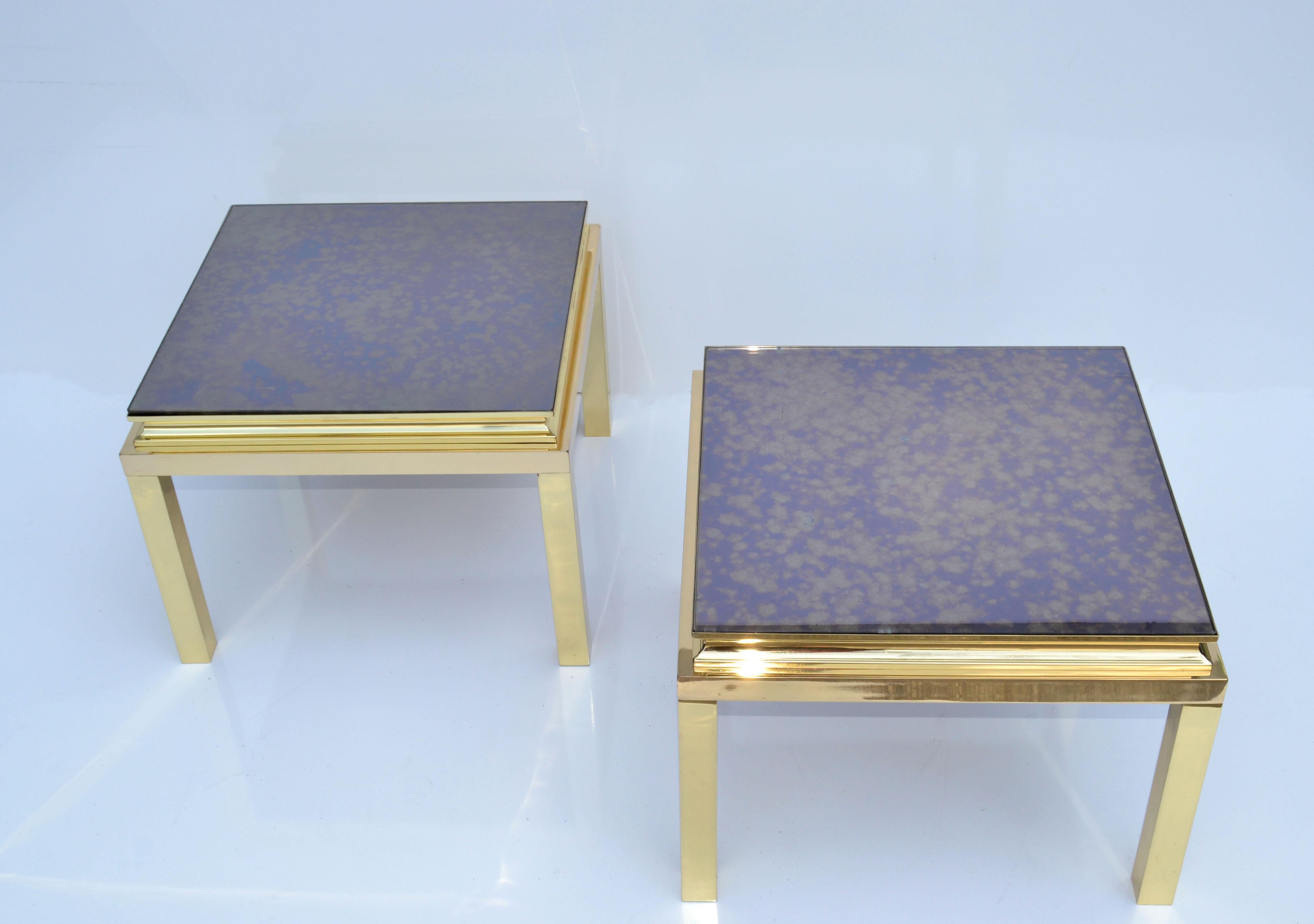 French Pair, Guy Lefevre for Maison Jansen Polished Brass Side End Tables Mirrored Top For Sale