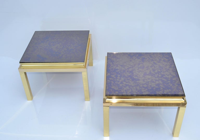 French Pair, Guy Lefevre for Maison Jansen Polished Brass Side End Tables Mirrored Top For Sale
