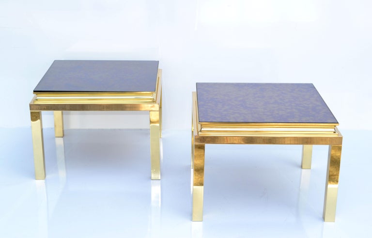 Pair, Guy Lefevre for Maison Jansen Polished Brass Side End Tables Mirrored Top In Good Condition For Sale In Miami, FL
