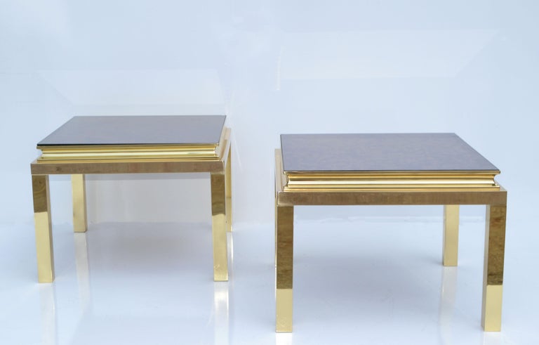 Mid-20th Century Pair, Guy Lefevre for Maison Jansen Polished Brass Side End Tables Mirrored Top For Sale