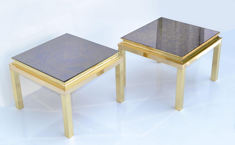 Pair, Guy Lefevre for Maison Jansen Polished Brass Side End Tables Mirrored Top For Sale 1