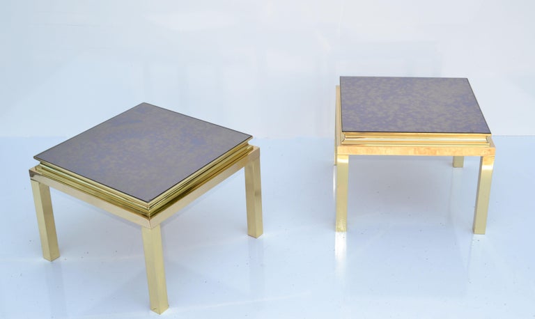 Pair, Guy Lefevre for Maison Jansen Polished Brass Side End Tables Mirrored Top For Sale 2