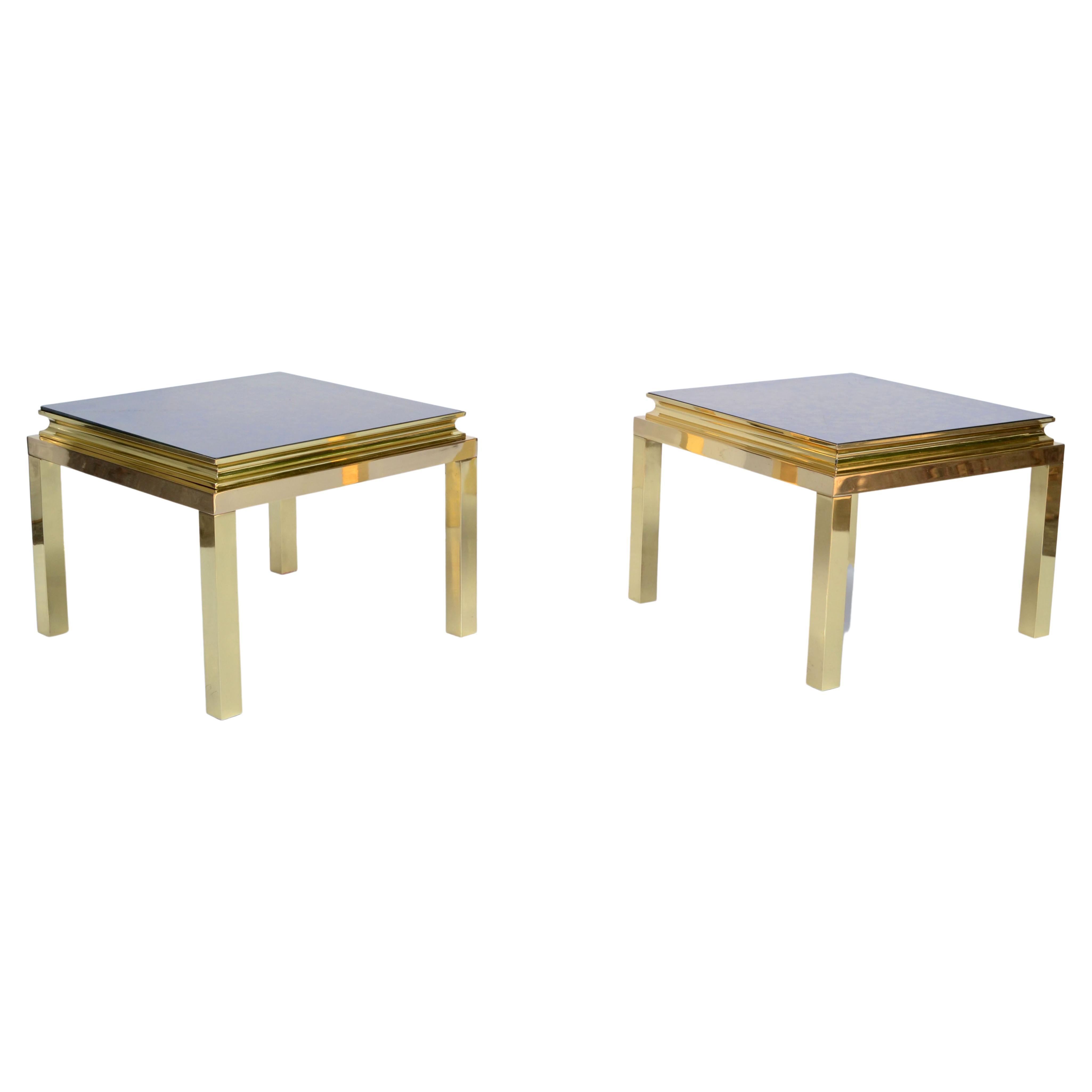 Pair, Guy Lefevre for Maison Jansen Polished Brass Side End Tables Mirrored Top