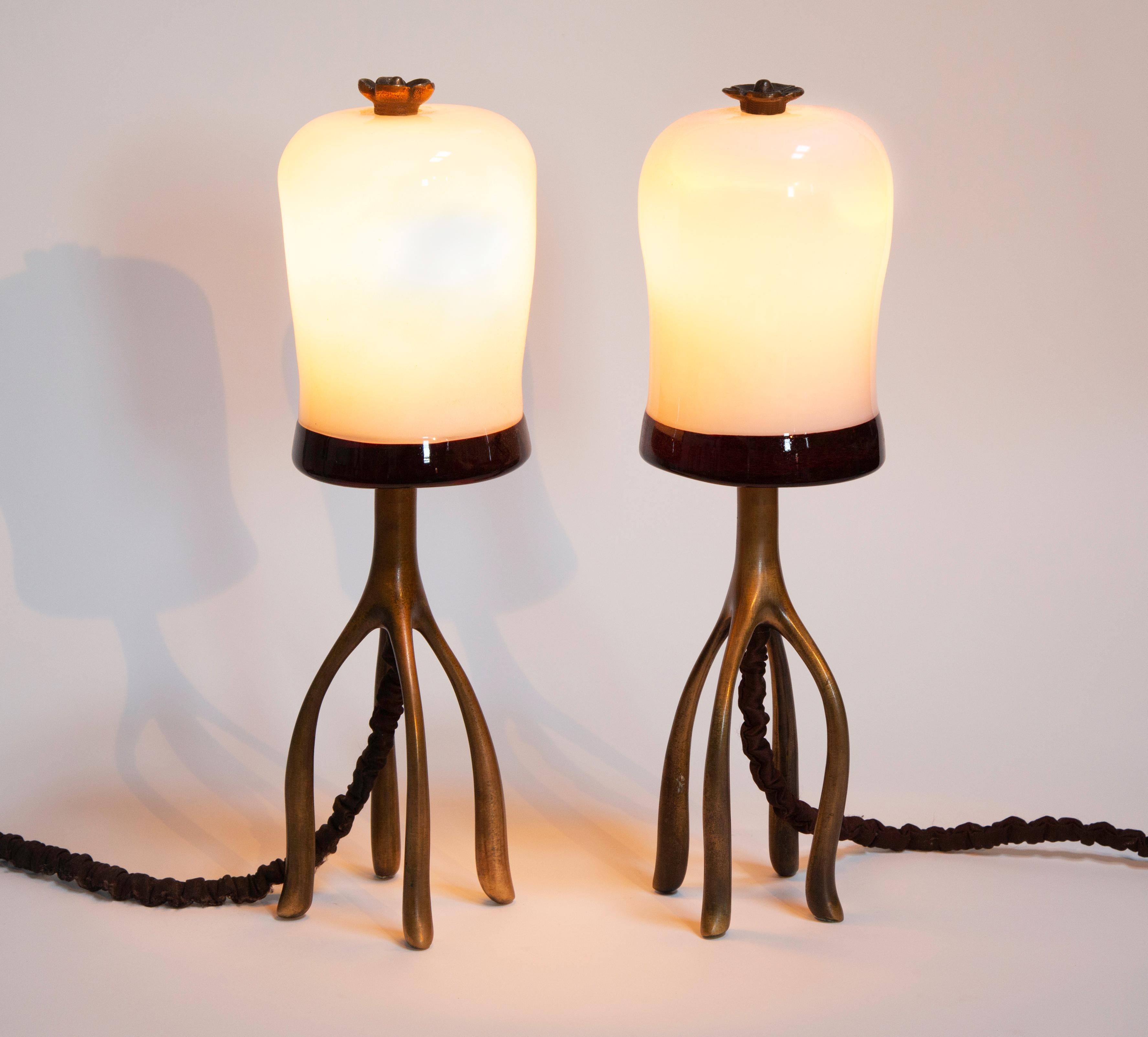 Modern Pair H57 Boudoir Table Lamp: Cast Bronze + Blown Glass, Jordan Mozer, USA 2007 For Sale