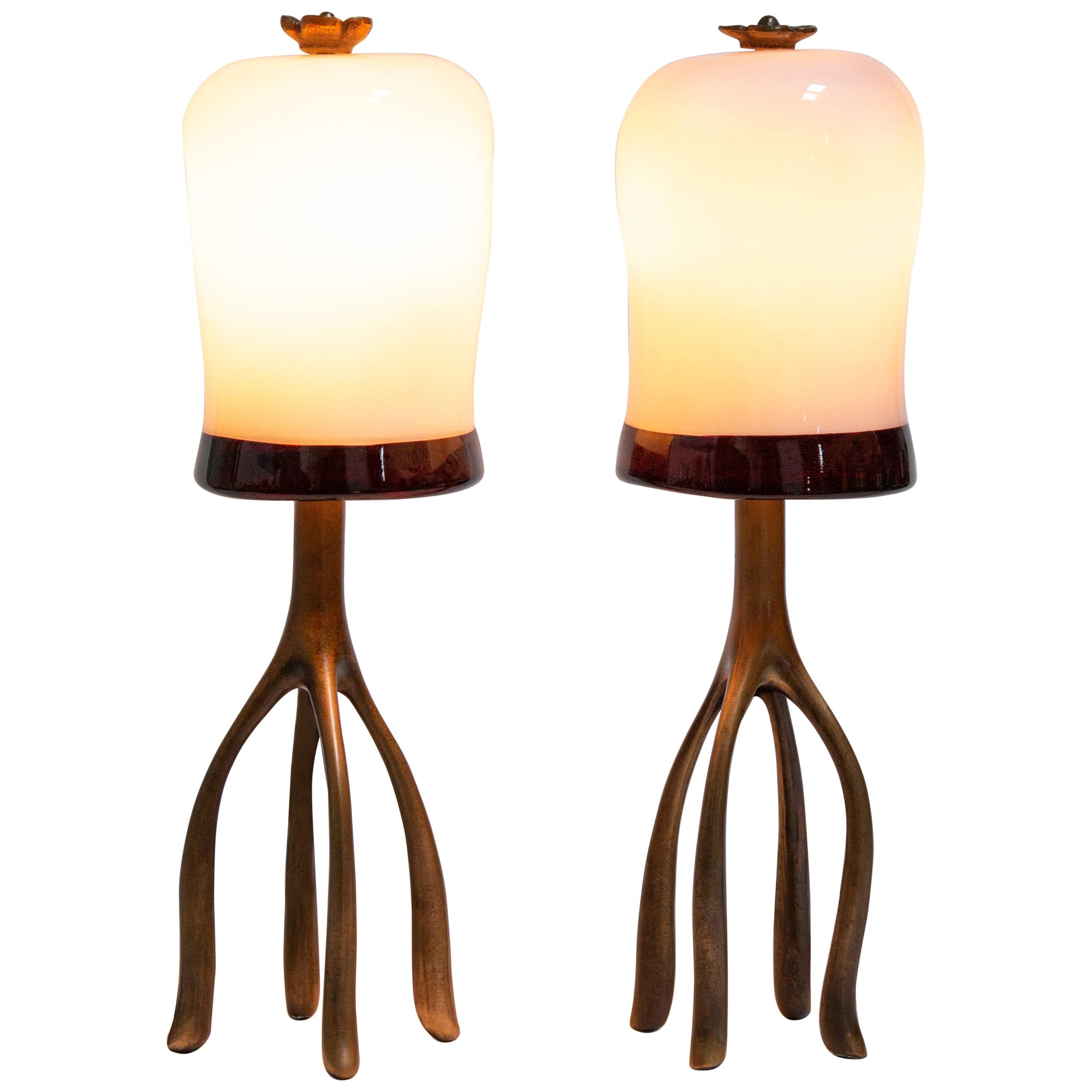 Pair H57 Boudoir Table Lamp: Cast Bronze + Blown Glass, Jordan Mozer, USA 2007 For Sale