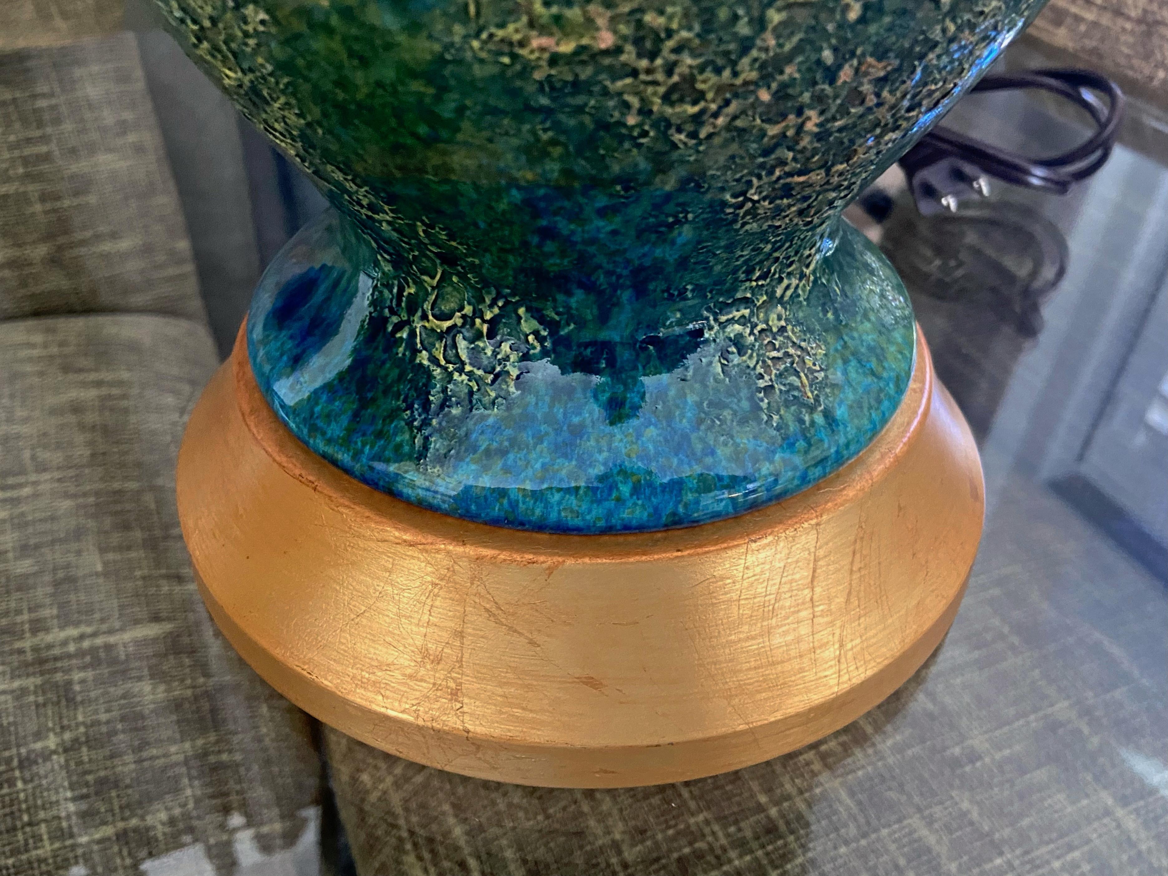 Paire de lampes de table étrusques en céramique bleue et verte Haeger 3