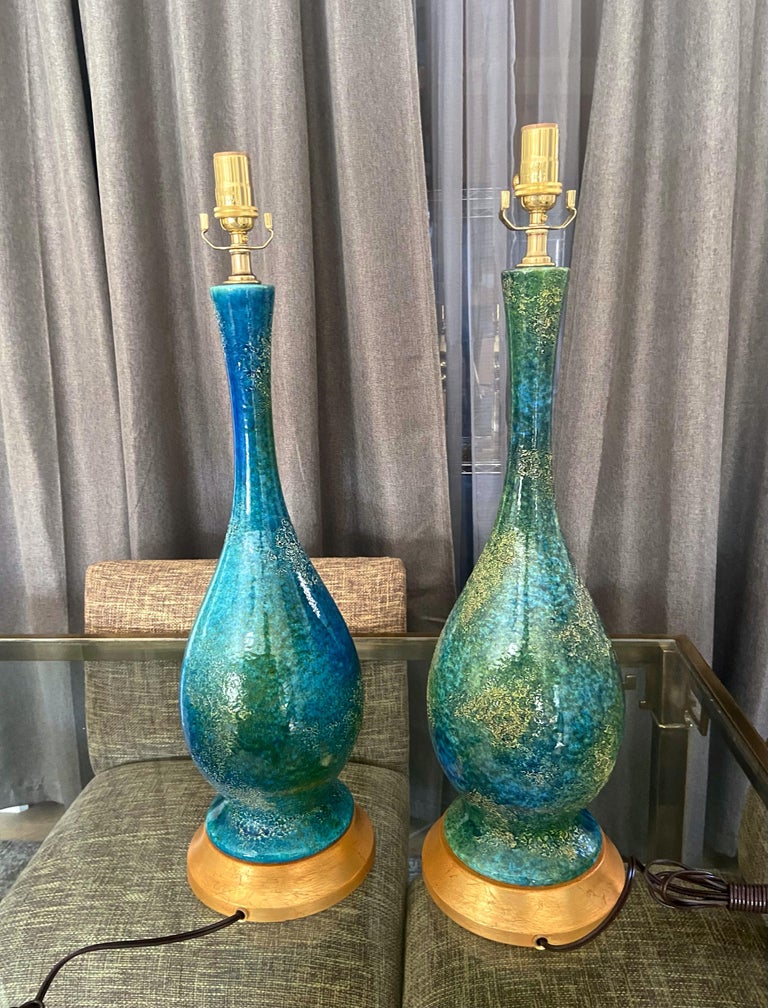 Pair Haeger Blue Green Etruscan Ceramic Table Lamps For Sale 11