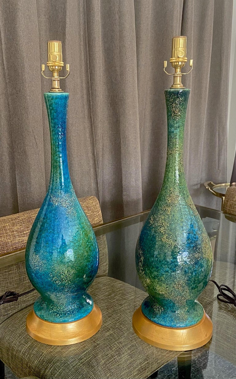 Pair Haeger Blue Green Etruscan Ceramic Table Lamps For Sale 12