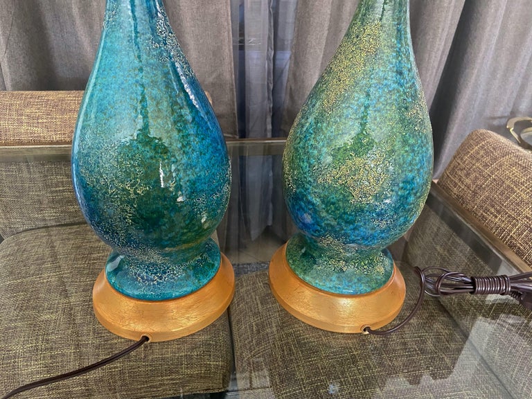 Pair Haeger Blue Green Etruscan Ceramic Table Lamps For Sale 1