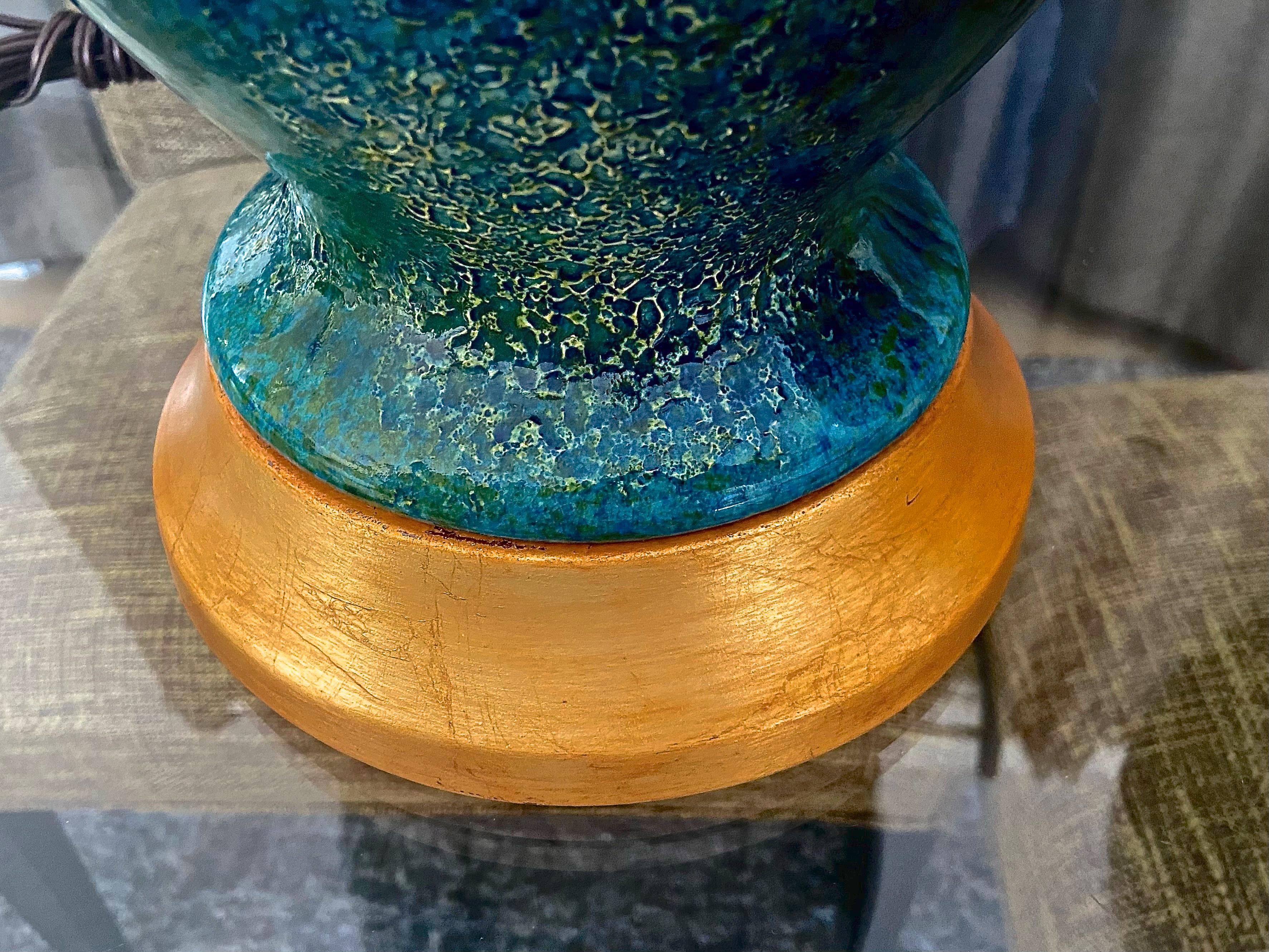 Paire de lampes de table étrusques en céramique bleue et verte Haeger 2