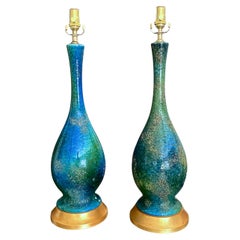 Pair Haeger Blue Green Etruscan Ceramic Table Lamps