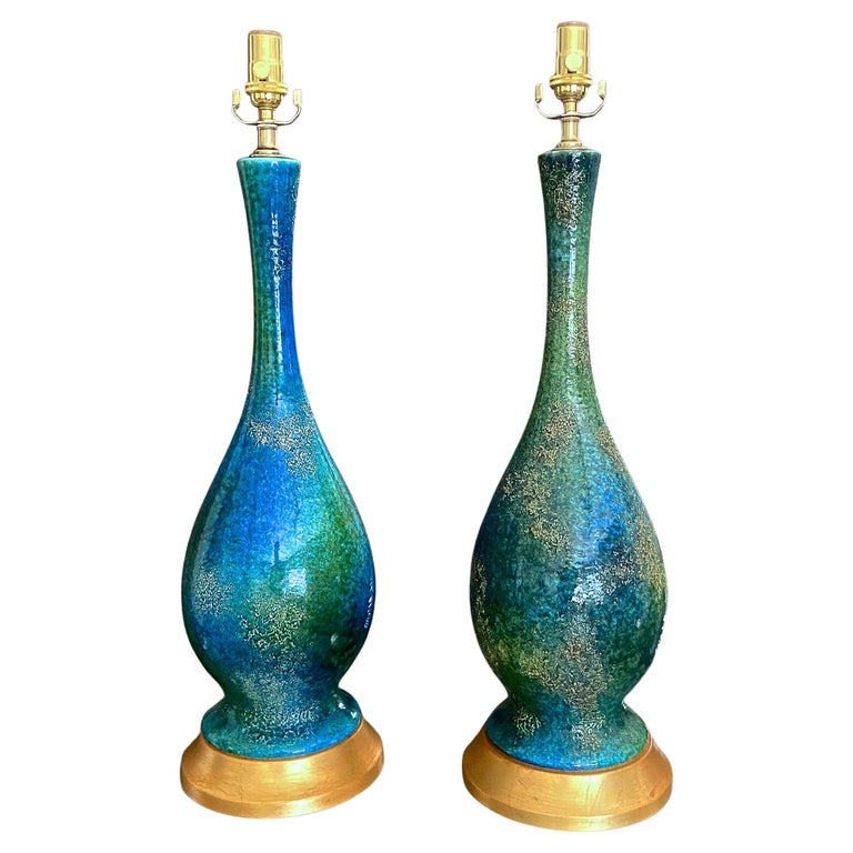 Pair Haeger Blue Green Etruscan Ceramic Table Lamps For Sale
