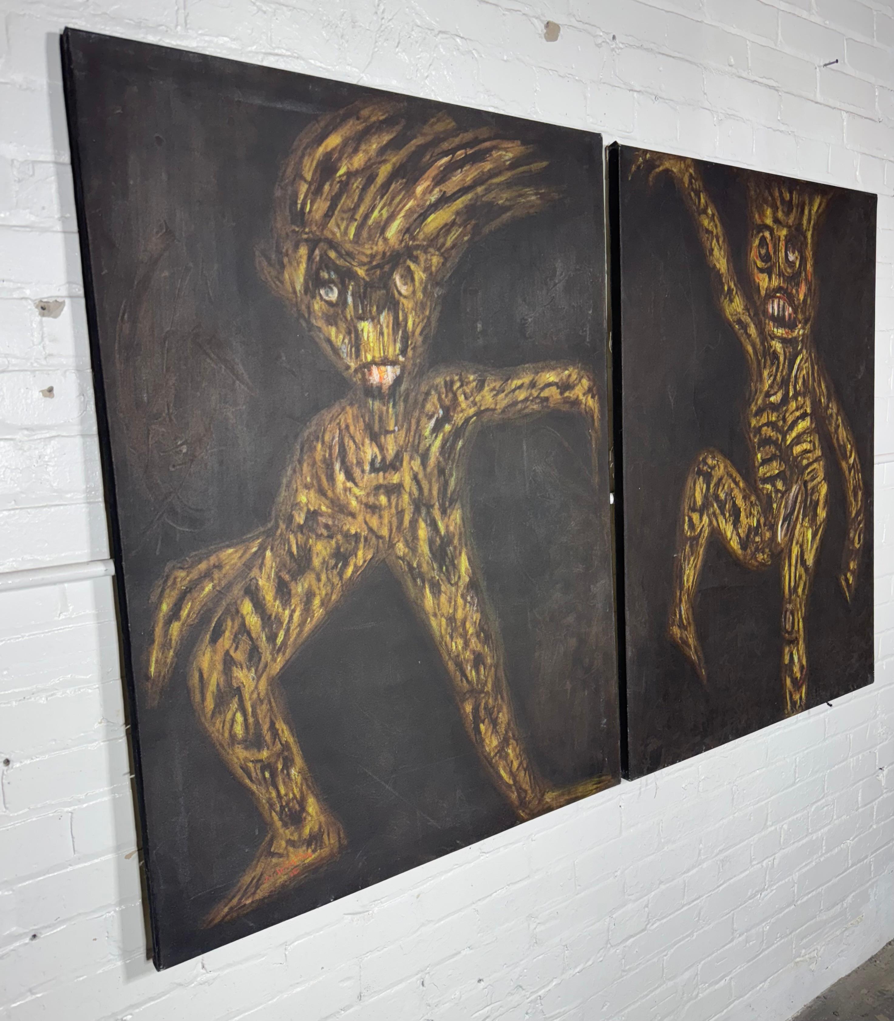 Haitiano Coppia di dipinti modernisti haitiani / olio su tela di Sébastien Jean in vendita