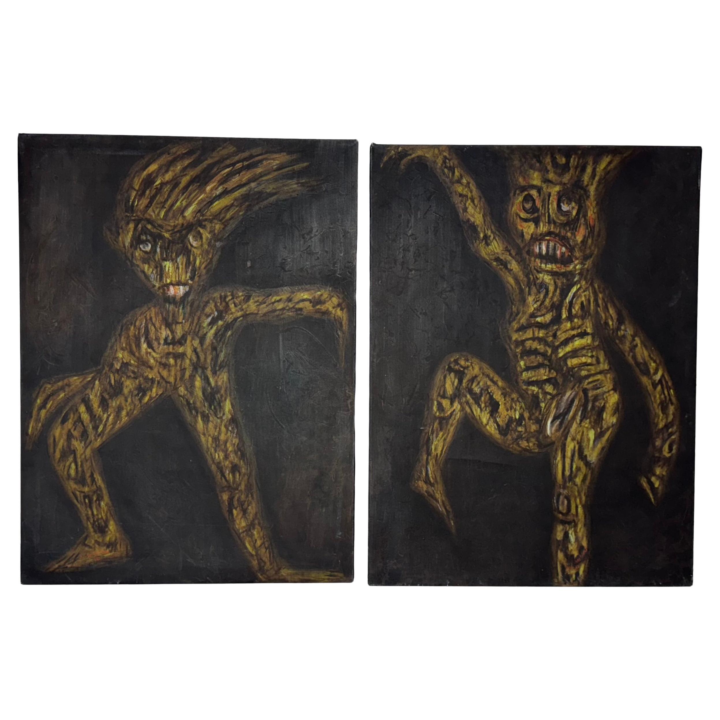 Paire de peintures modernistes haïtiennes / huile sur toile de Sébastien Jean