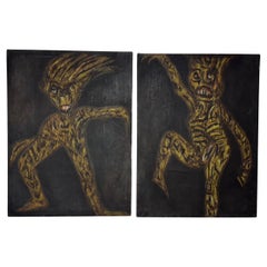 Paire de peintures modernistes haïtiennes / huile sur toile de Sébastien Jean
