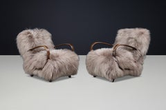 Pair Halabala Sheepskin Lounge Chairs, Bentwood, Art Deco, 1940s