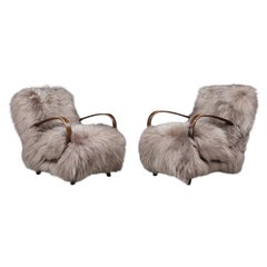 Pair Halabala Sheepskin Lounge Chairs, Bentwood, Art Deco, 1940s