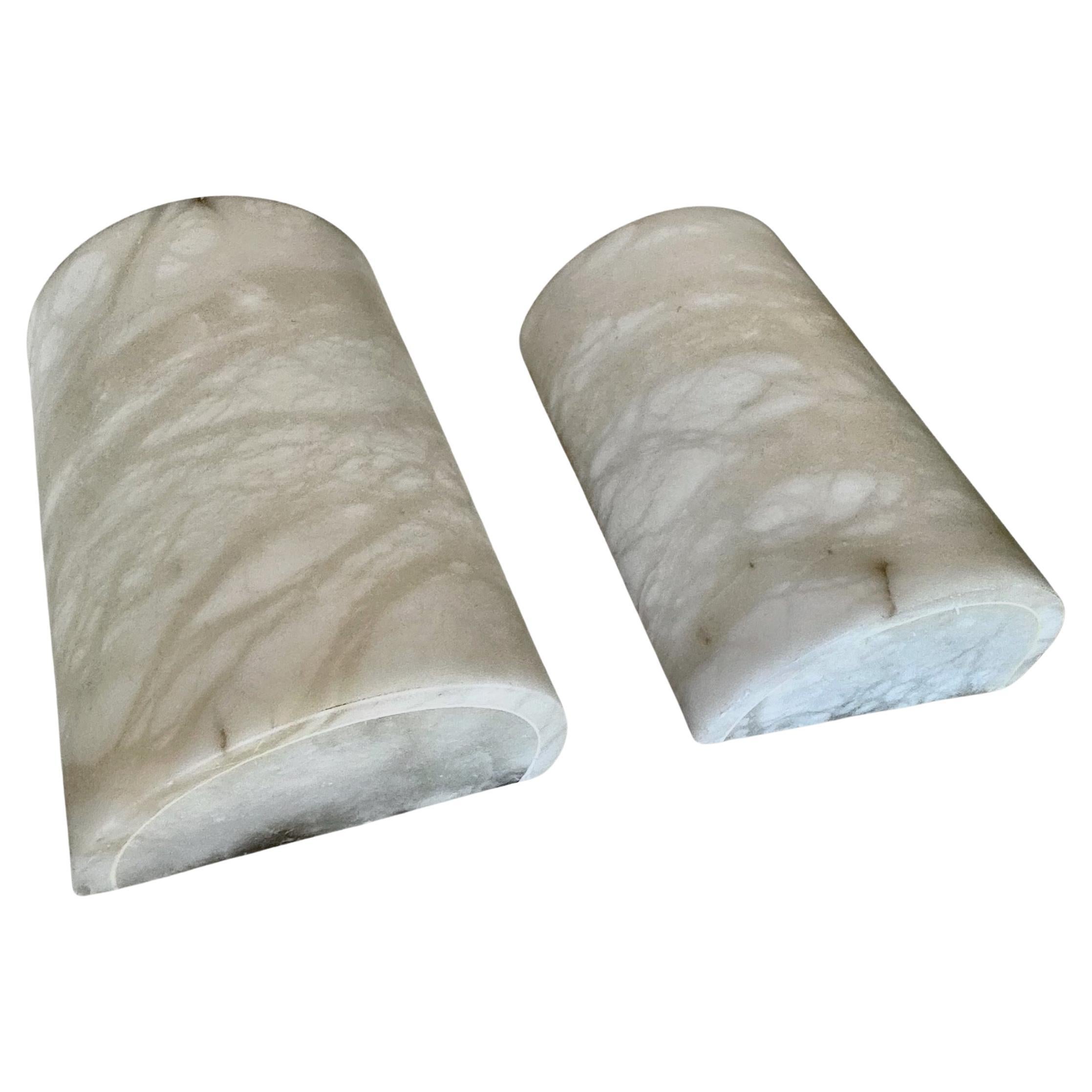 Pair Half Cylinder White Alabaster Minimalist Wall Light Sconces For Sale