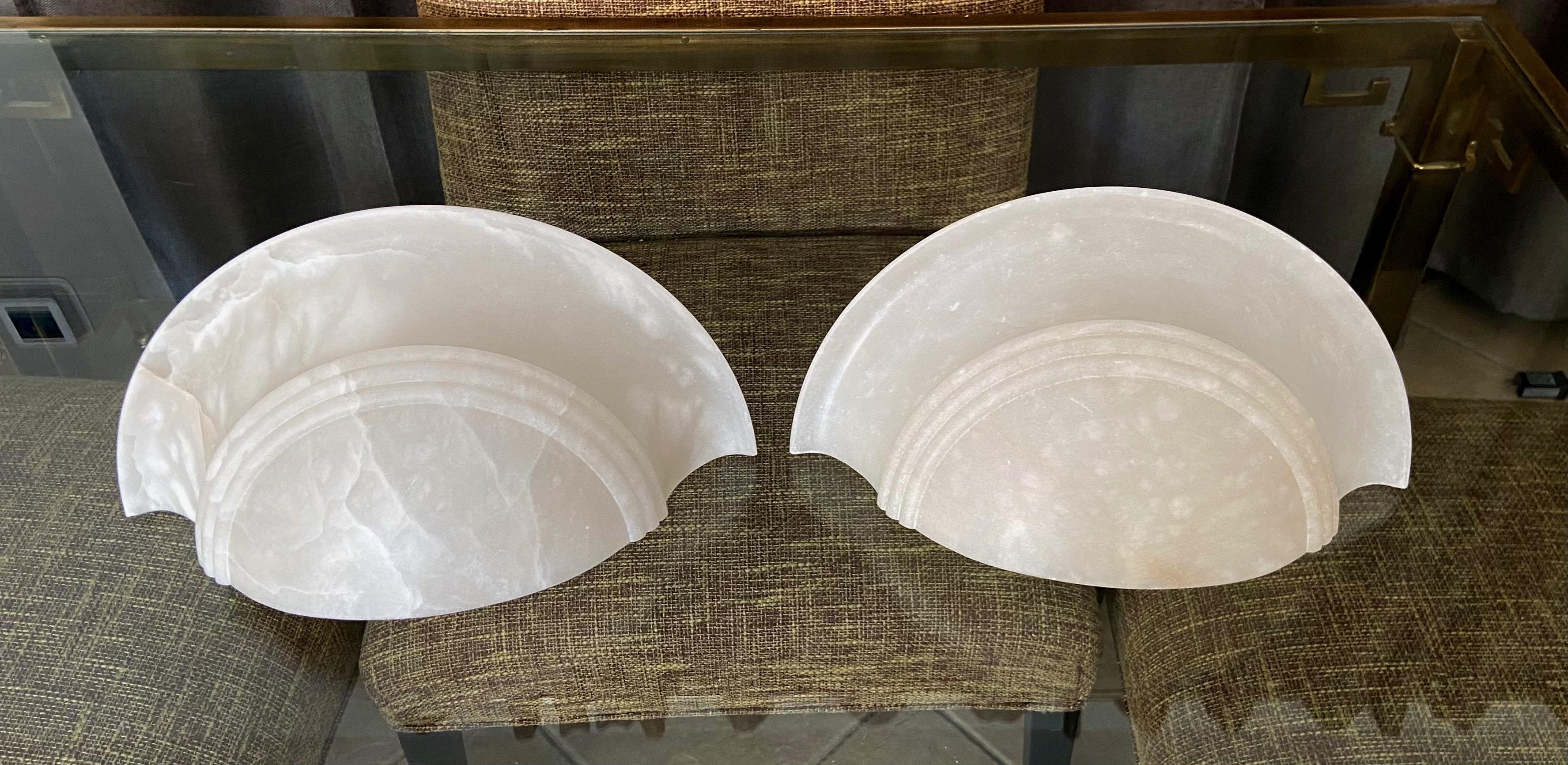 Pair Half Moon Alabaster Wall Sconces In Good Condition In Palm Springs, CA