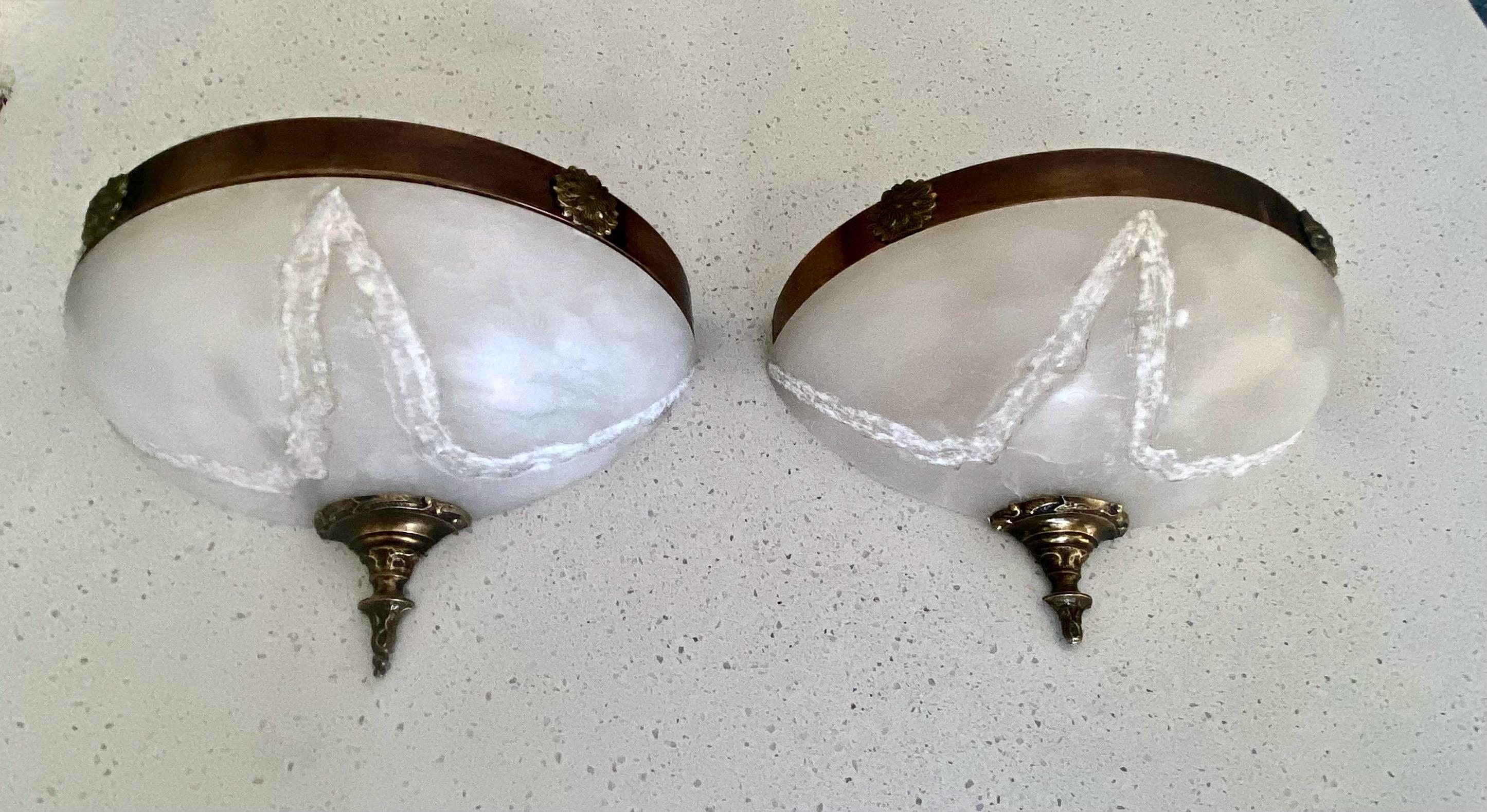 Late 20th Century Pair Half Moon French XVI Alabaster Wall Sconces For Sale