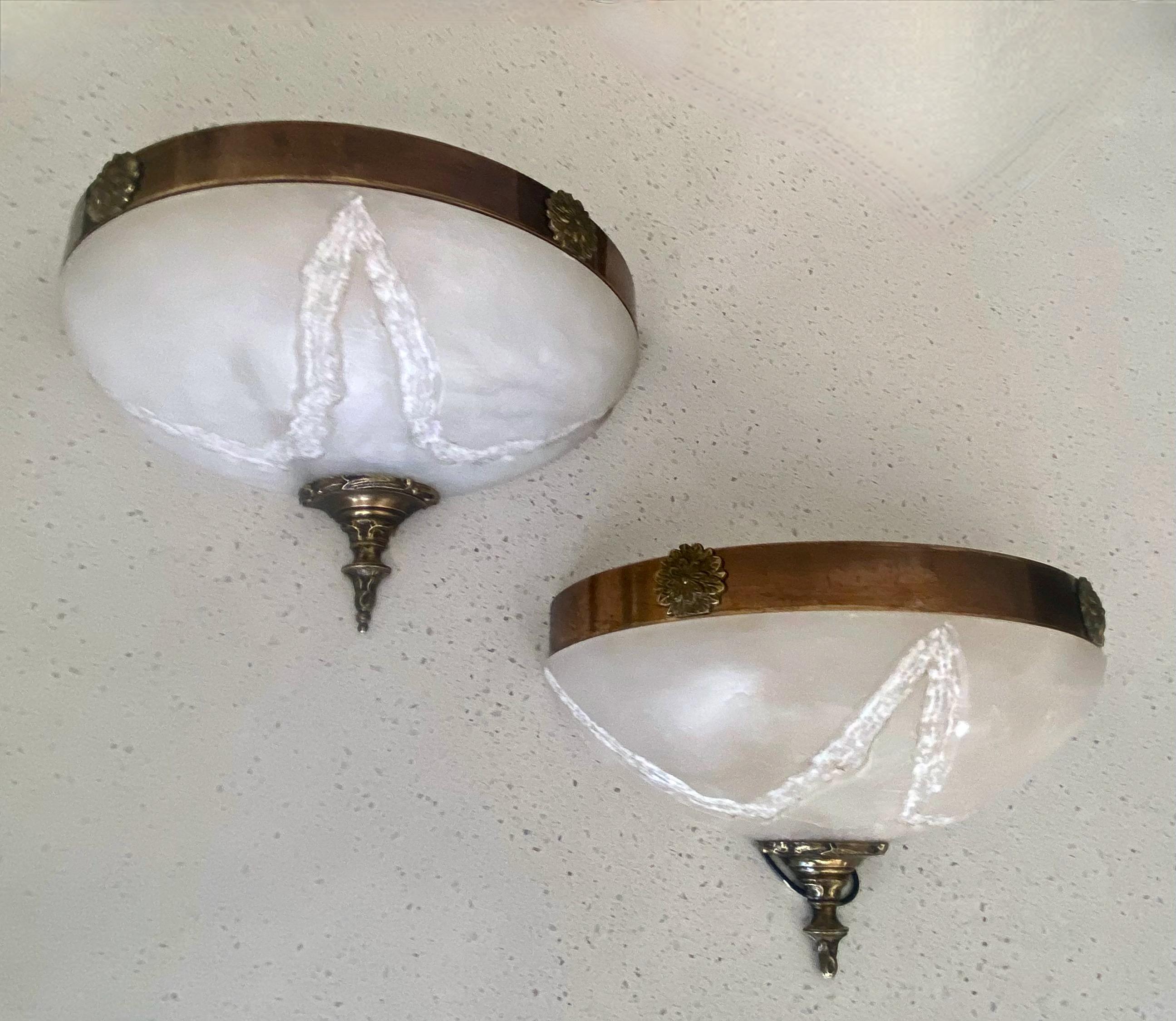 Pair Half Moon French XVI Alabaster Wall Sconces For Sale 1
