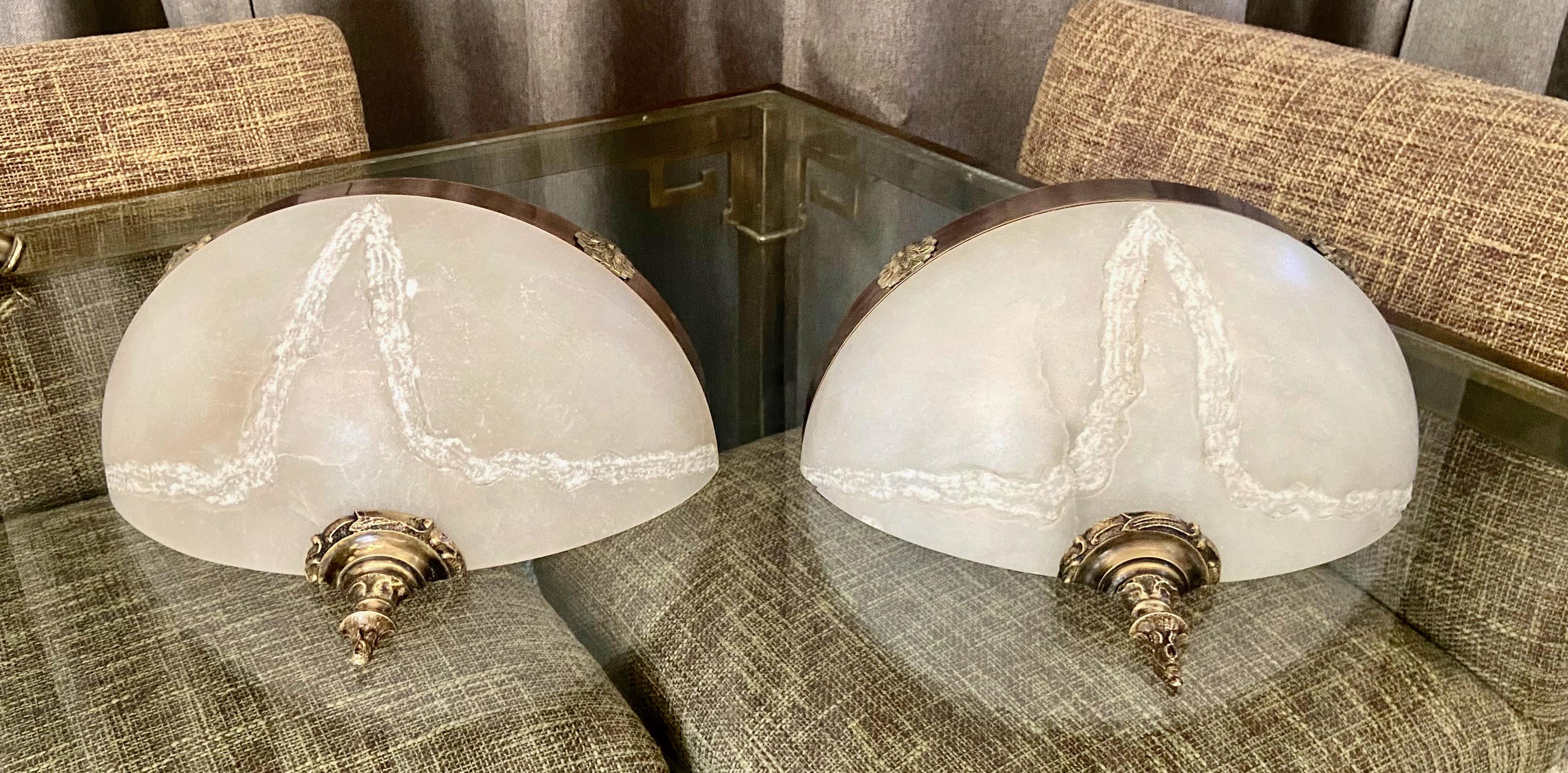 Pair Half Moon French XVI Alabaster Wall Sconces For Sale 3