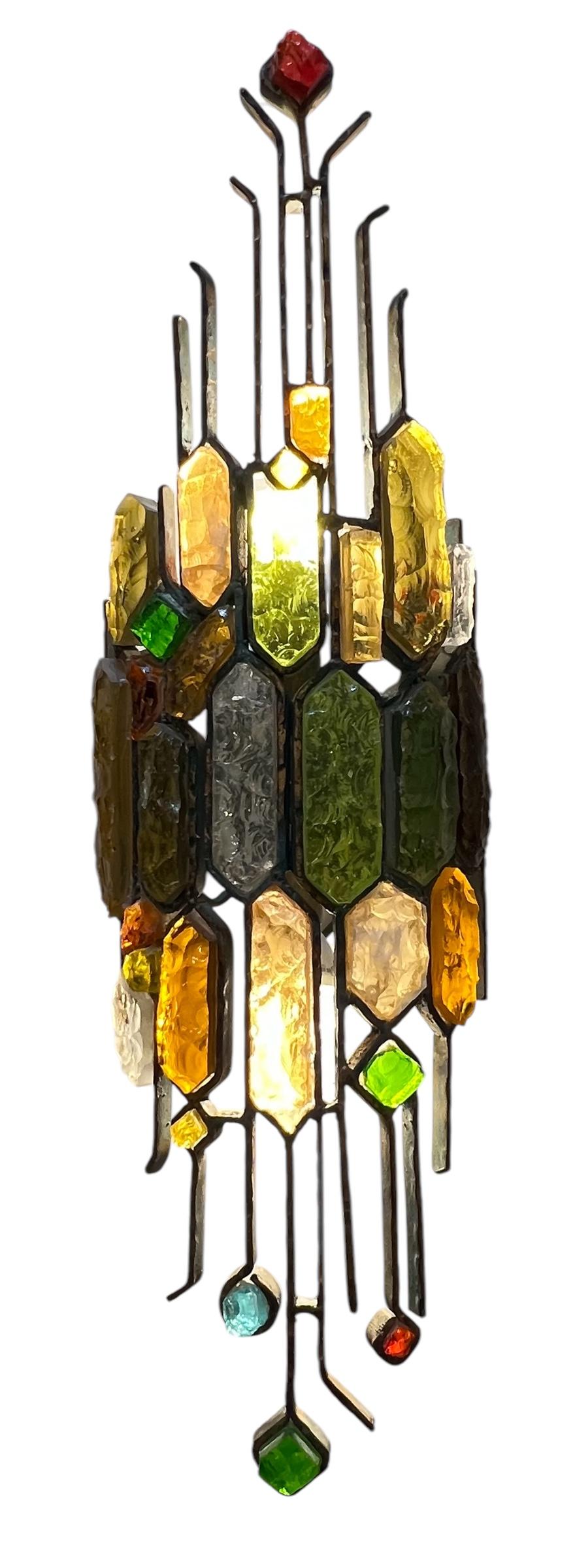 Paar schmiedeeiserne Wandleuchter aus gehämmertem Glas und Blattgold von Longboard, Italien, 1970er Jahre im Angebot 3