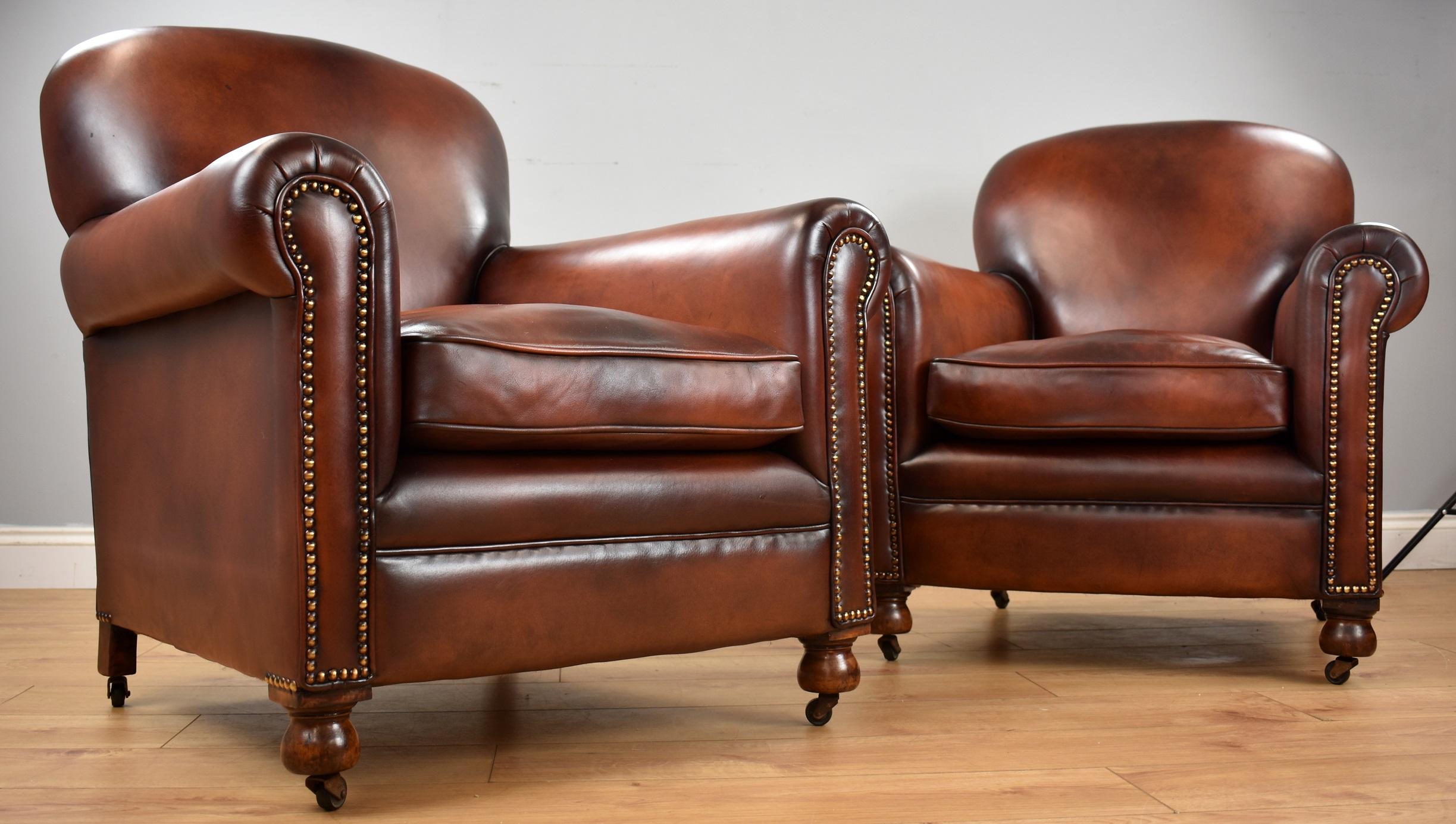 Pair of Han Dyed Honey Brown Leather Armchairs 3
