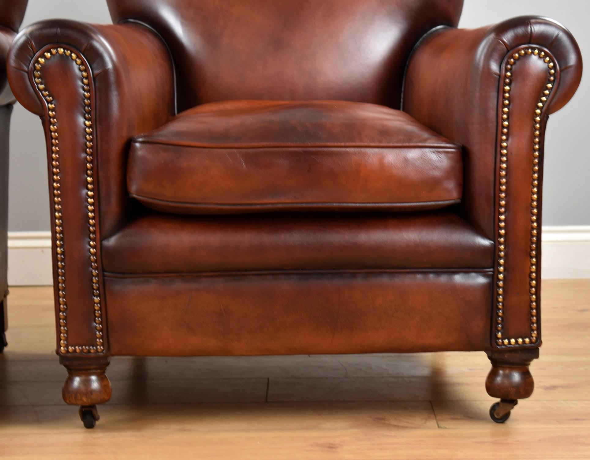 European Pair of Han Dyed Honey Brown Leather Armchairs