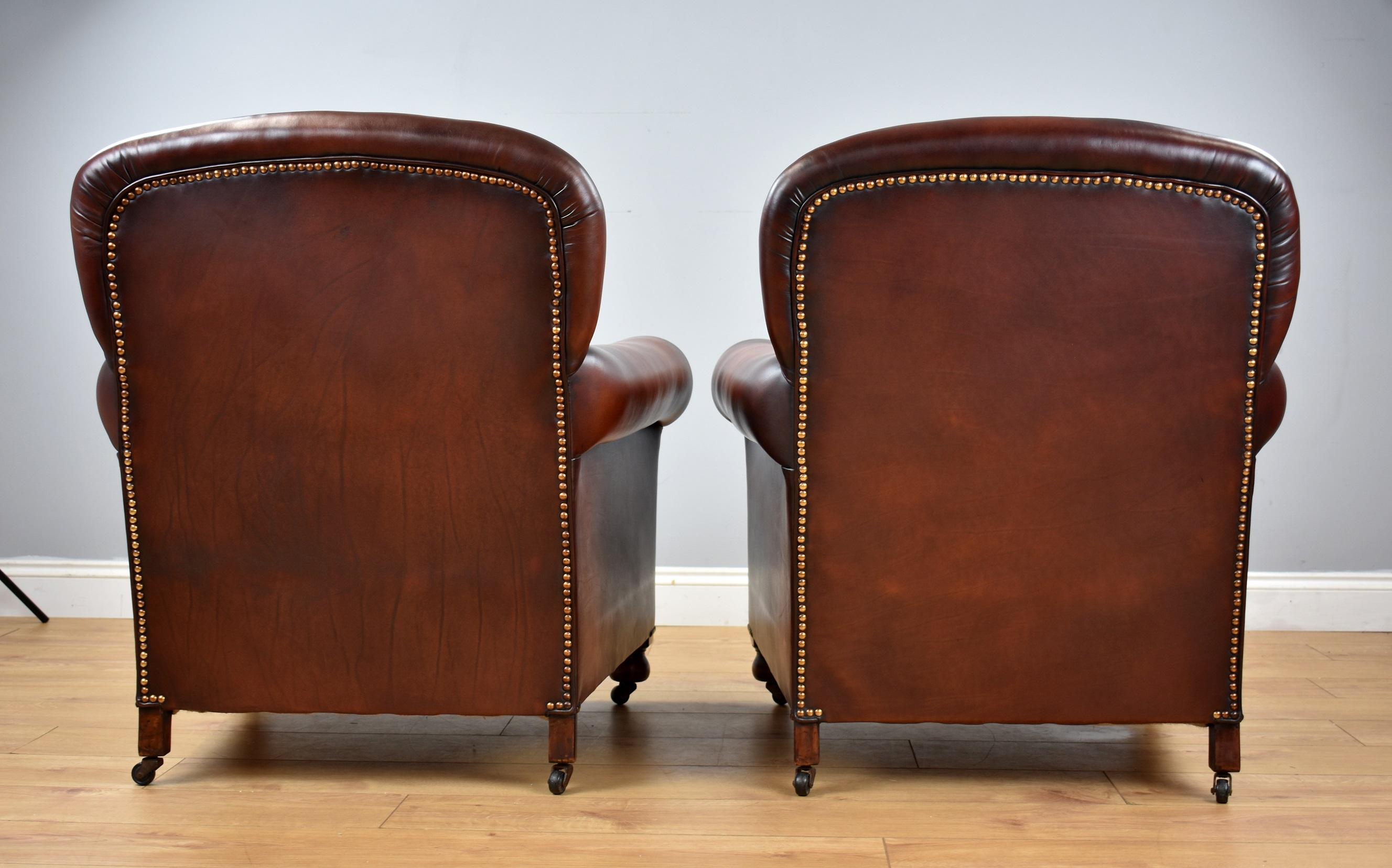 Pair of Han Dyed Honey Brown Leather Armchairs 1