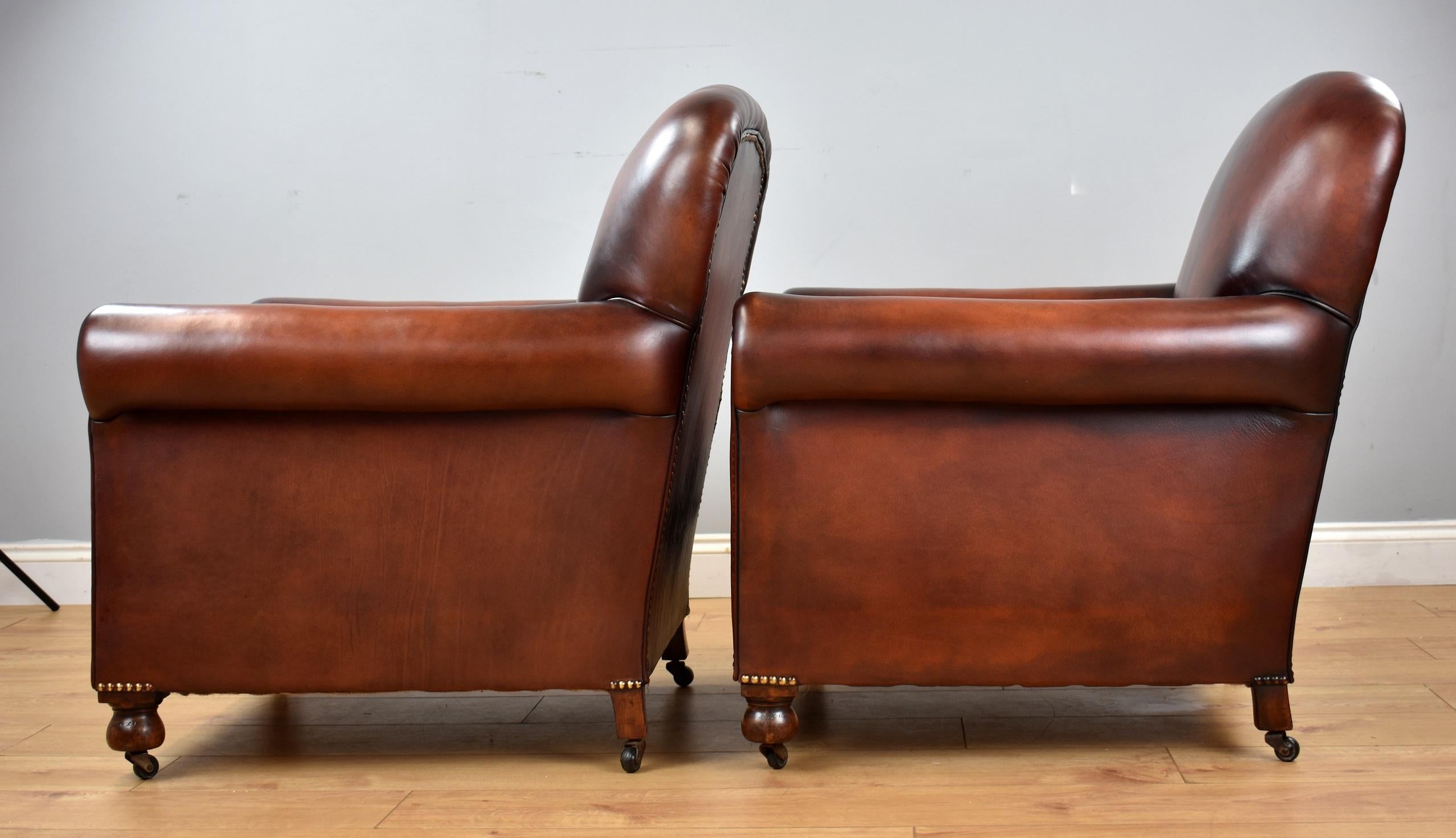 Pair of Han Dyed Honey Brown Leather Armchairs 2