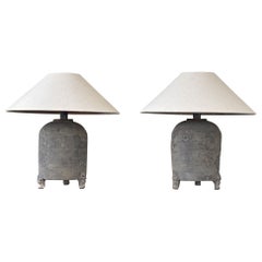 Pair Han Dynasty Period Unglazed Grain Jars Mounted as Table Lamps