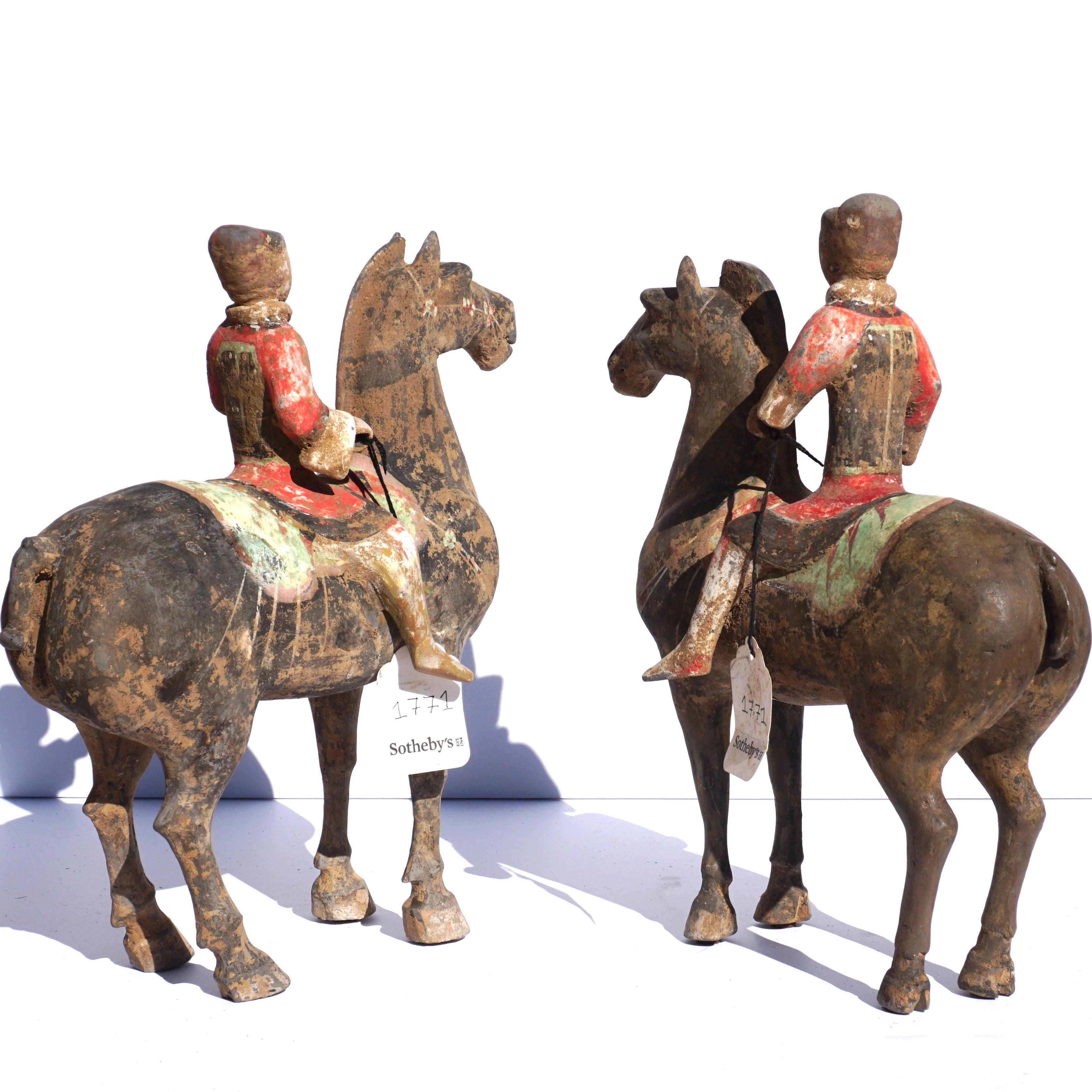 Chinoiserie Pair of Han Dynasty Pottery Horses and Equestrian Riders For Sale