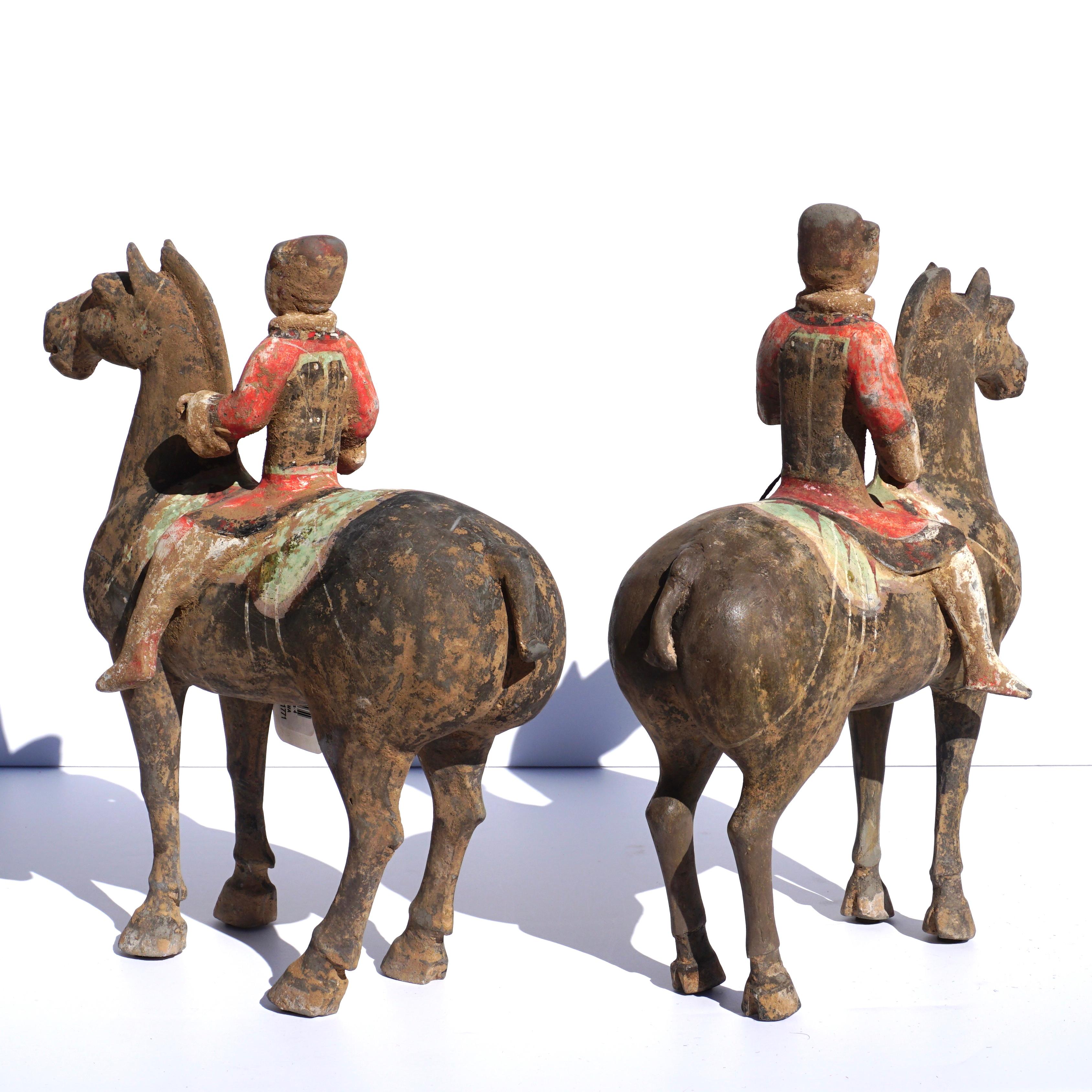 Chinese Pair of Han Dynasty Pottery Horses and Equestrian Riders For Sale