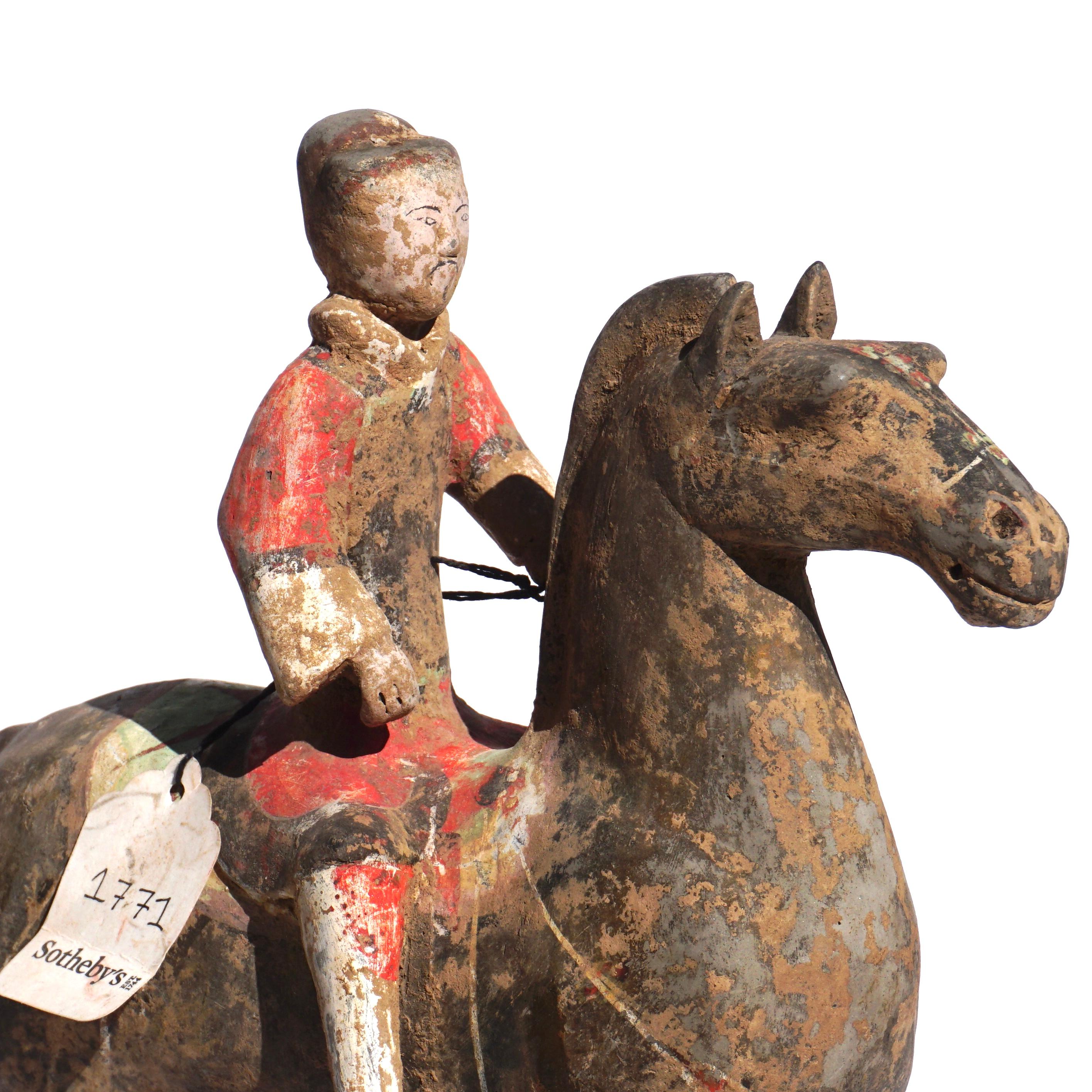 Hand-Crafted Pair of Han Dynasty Pottery Horses and Equestrian Riders For Sale