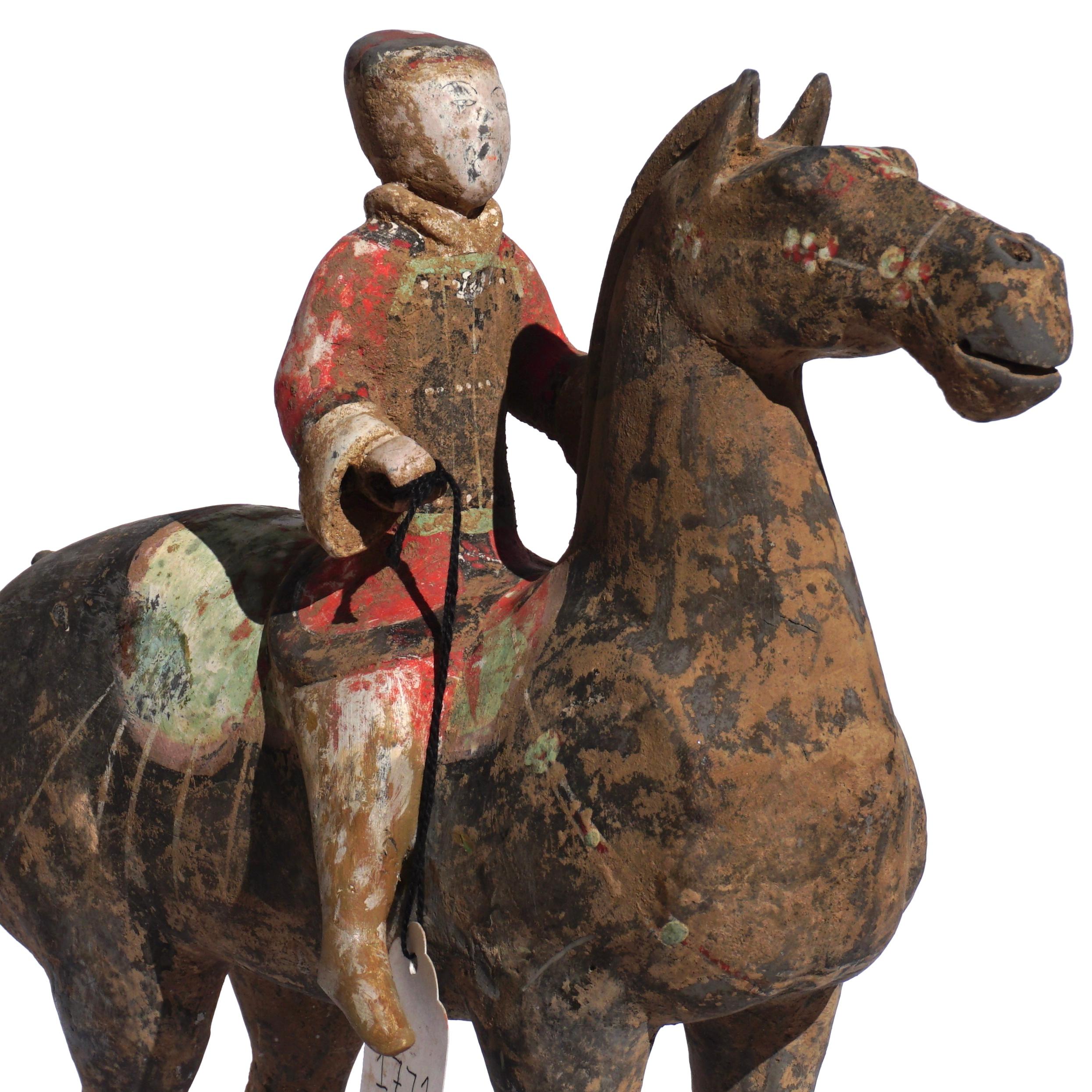 Pair of Han Dynasty Pottery Horses and Equestrian Riders In Good Condition For Sale In Dallas, TX