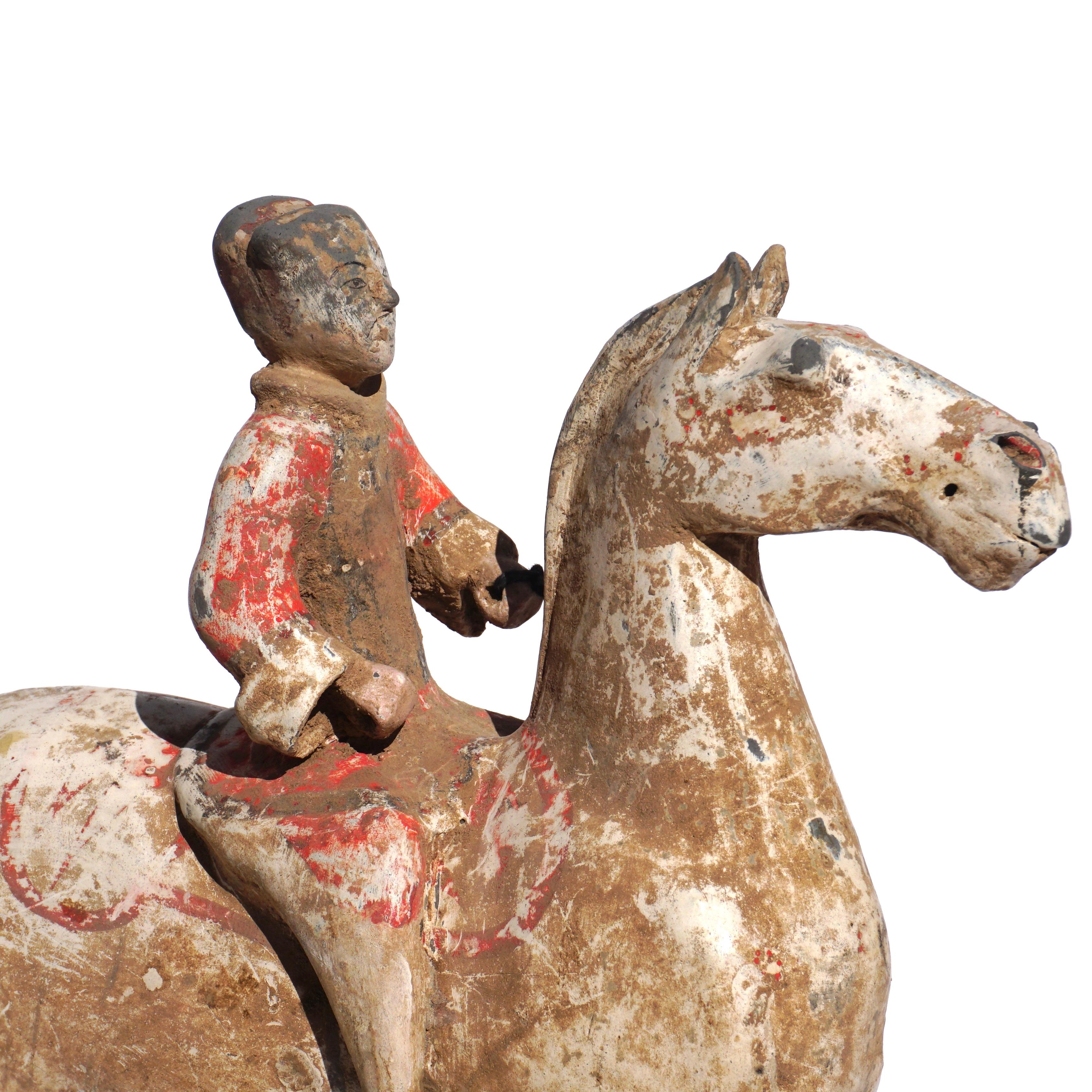 Pair of Han Dynasty pottery Horses and Equestrian Riders In Good Condition For Sale In Dallas, TX