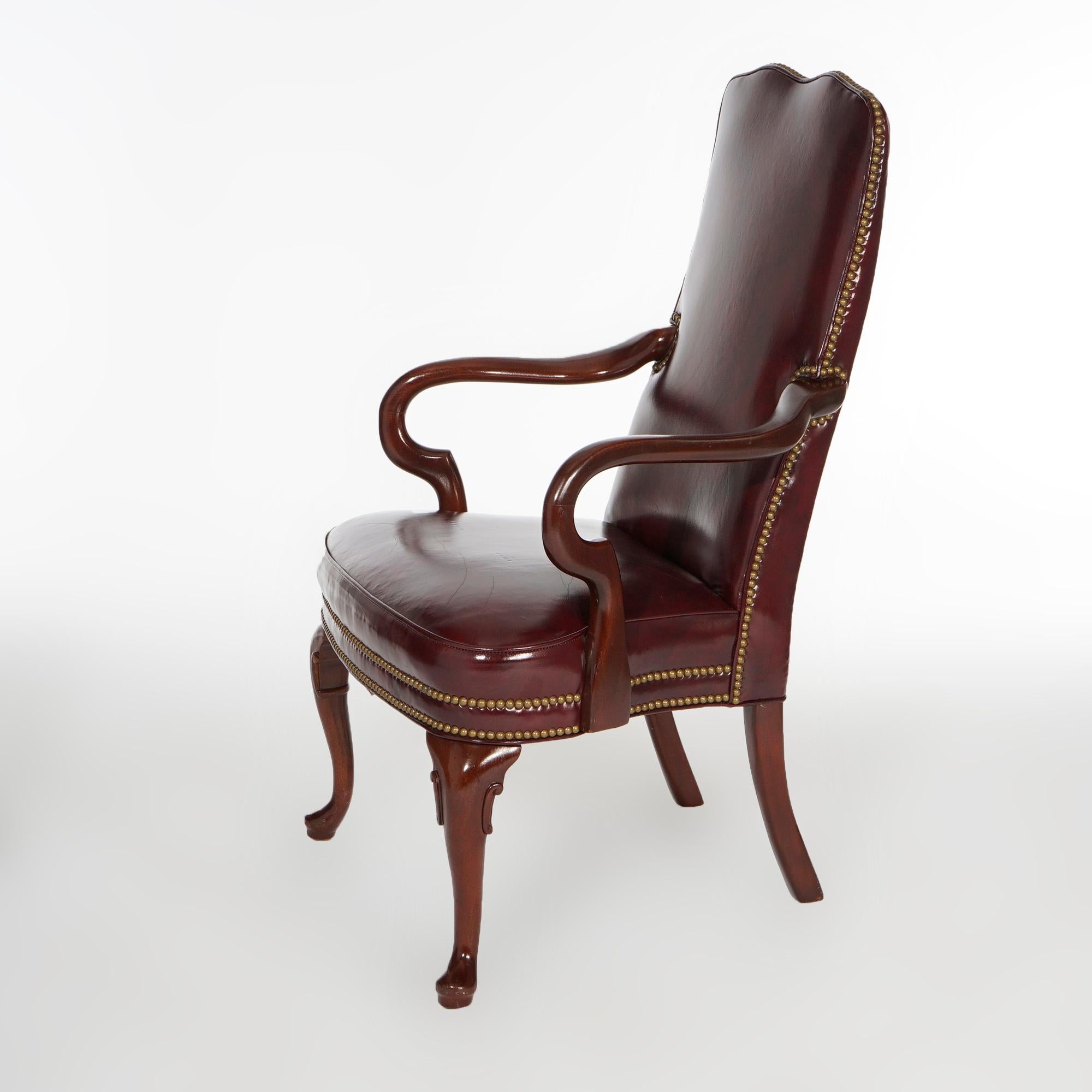 Pair Hancock & Moore Queen Anne Style Leather & Mahogany Arm Chairs 20th C 5