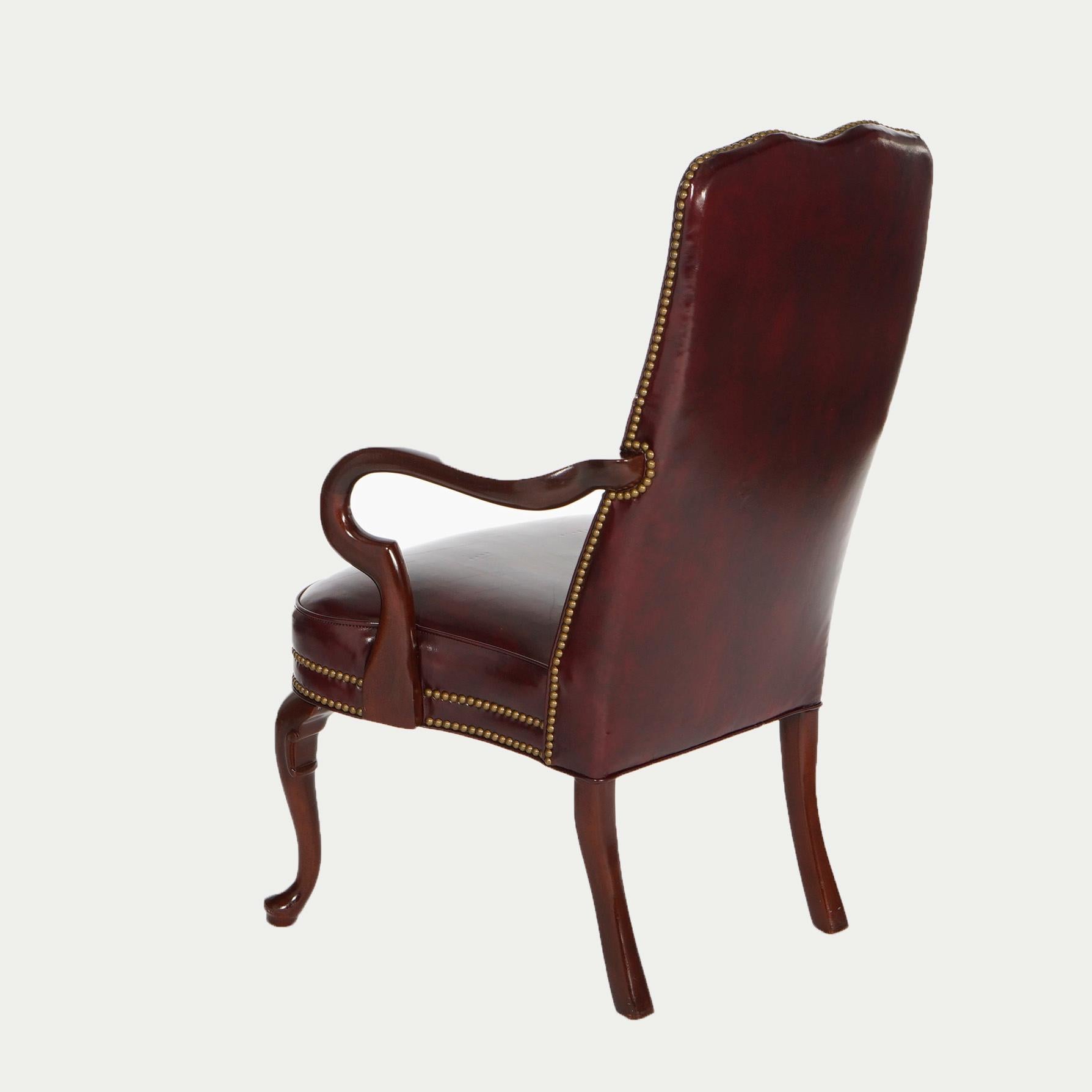 Pair Hancock & Moore Queen Anne Style Leather & Mahogany Arm Chairs 20th C 7