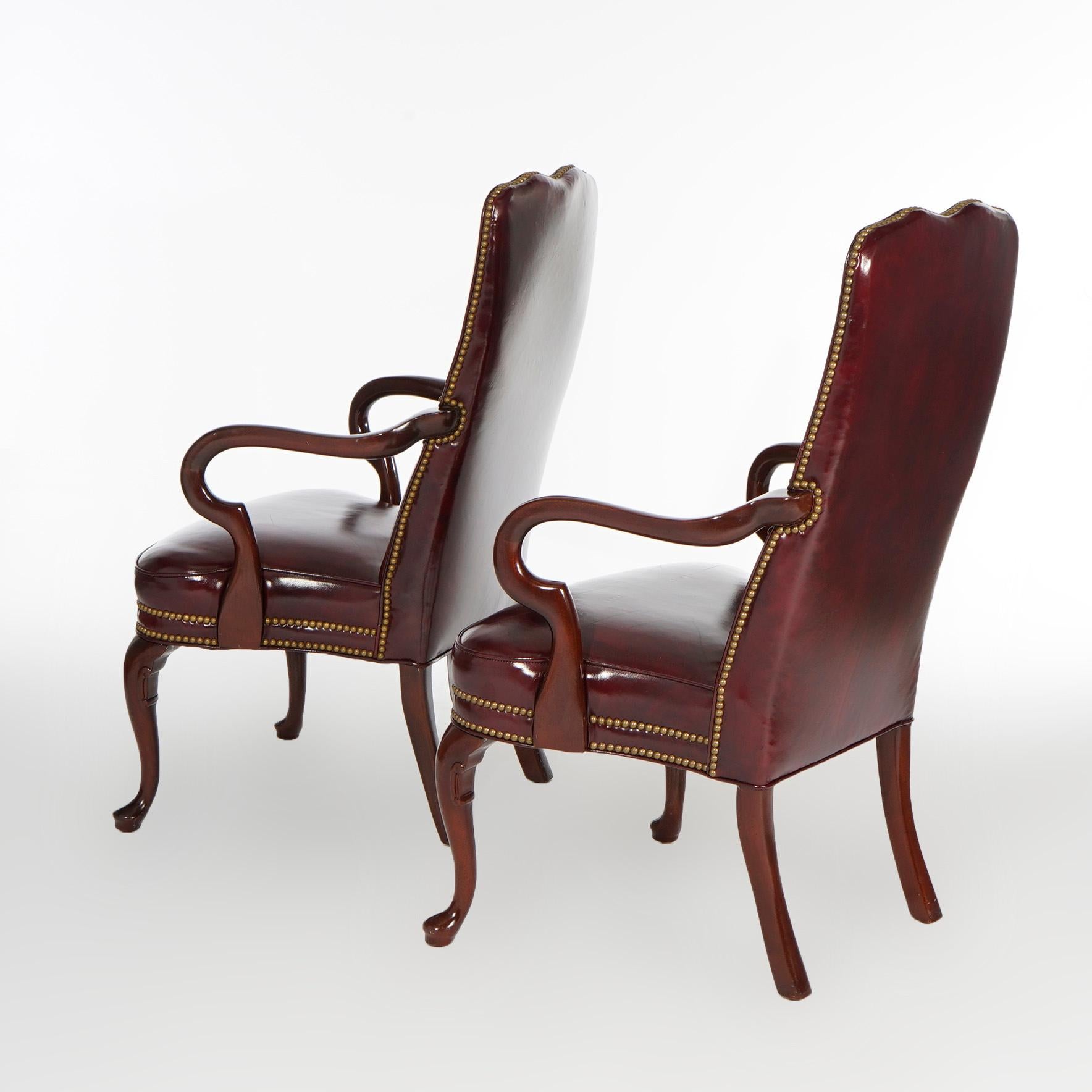 American Pair Hancock & Moore Queen Anne Style Leather & Mahogany Arm Chairs 20th C