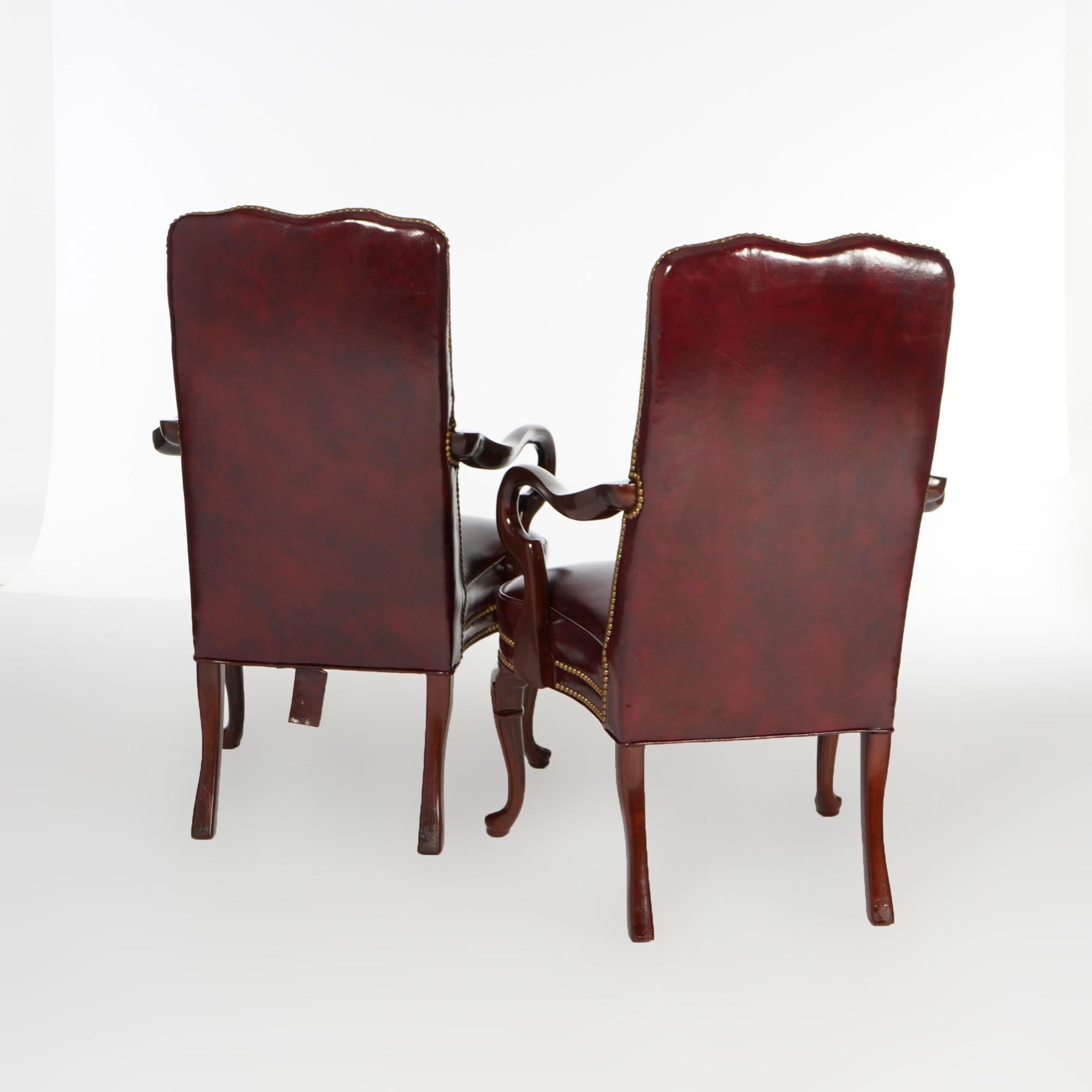 Pair Hancock & Moore Queen Anne Style Leather & Mahogany Arm Chairs 20th C In Good Condition In Big Flats, NY