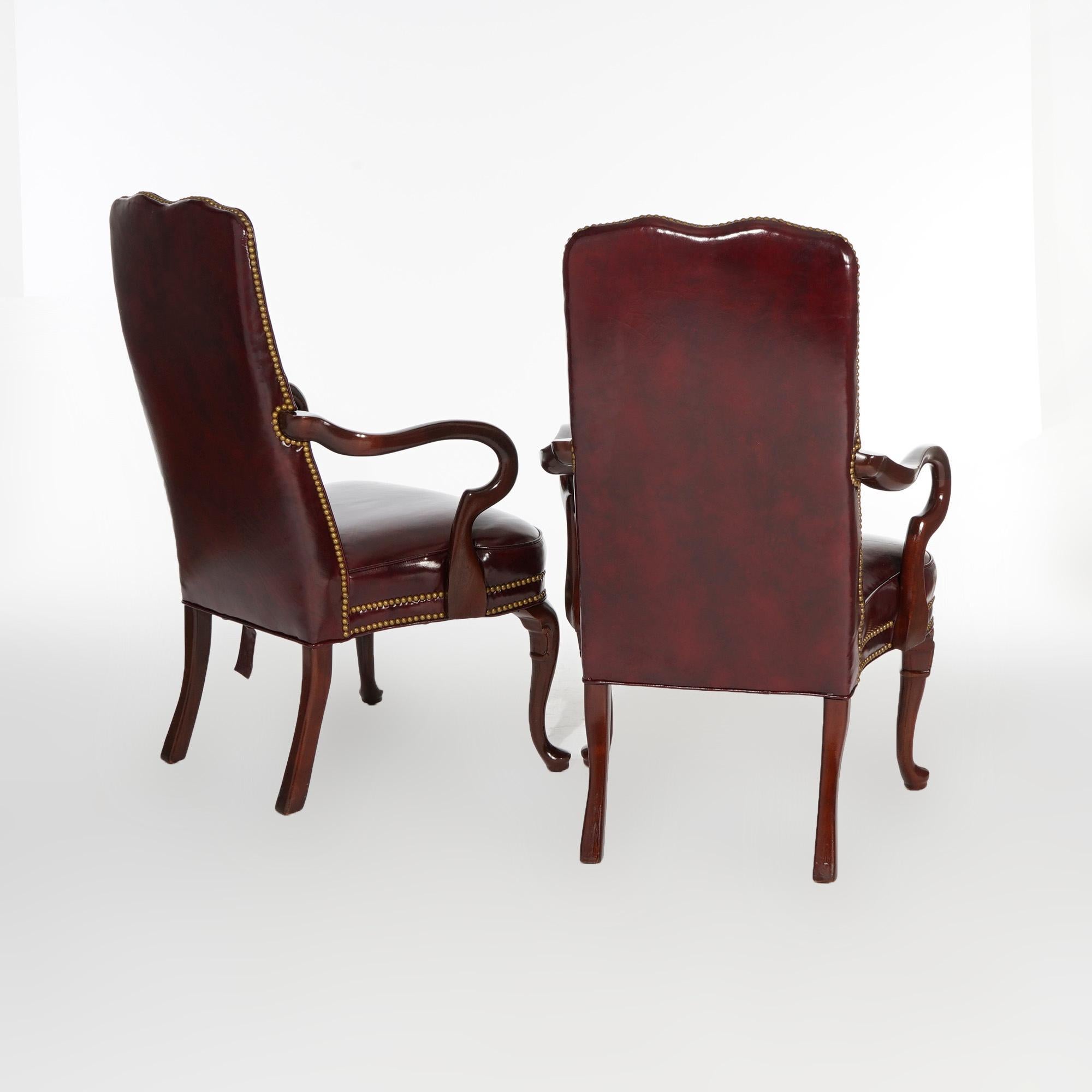 20th Century Pair Hancock & Moore Queen Anne Style Leather & Mahogany Arm Chairs 20th C