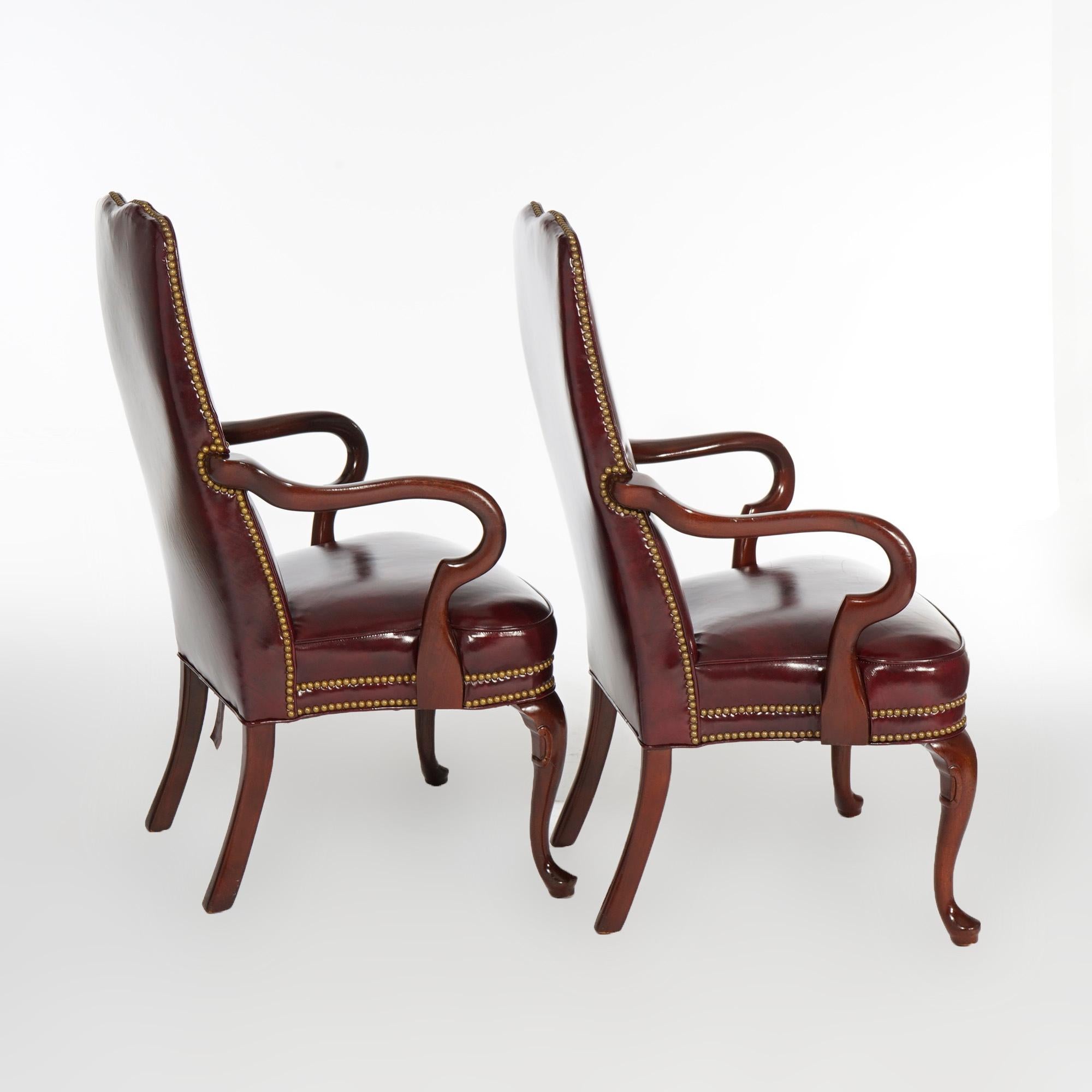 Pair Hancock & Moore Queen Anne Style Leather & Mahogany Arm Chairs 20th C 1