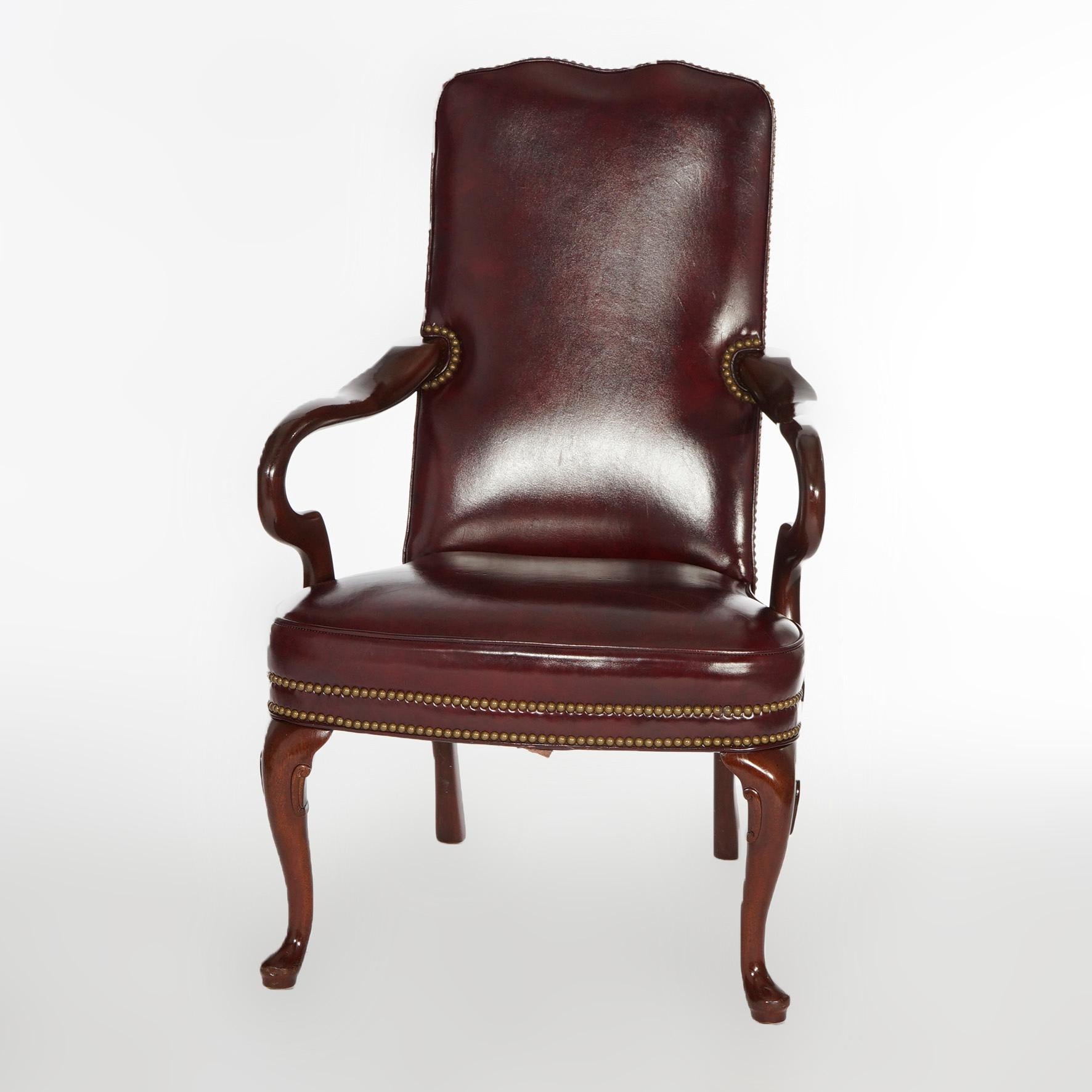 Pair Hancock & Moore Queen Anne Style Leather & Mahogany Arm Chairs 20th C 2