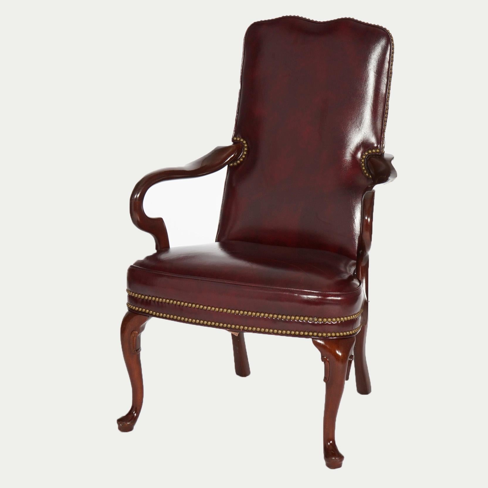 Pair Hancock & Moore Queen Anne Style Leather & Mahogany Arm Chairs 20th C 3