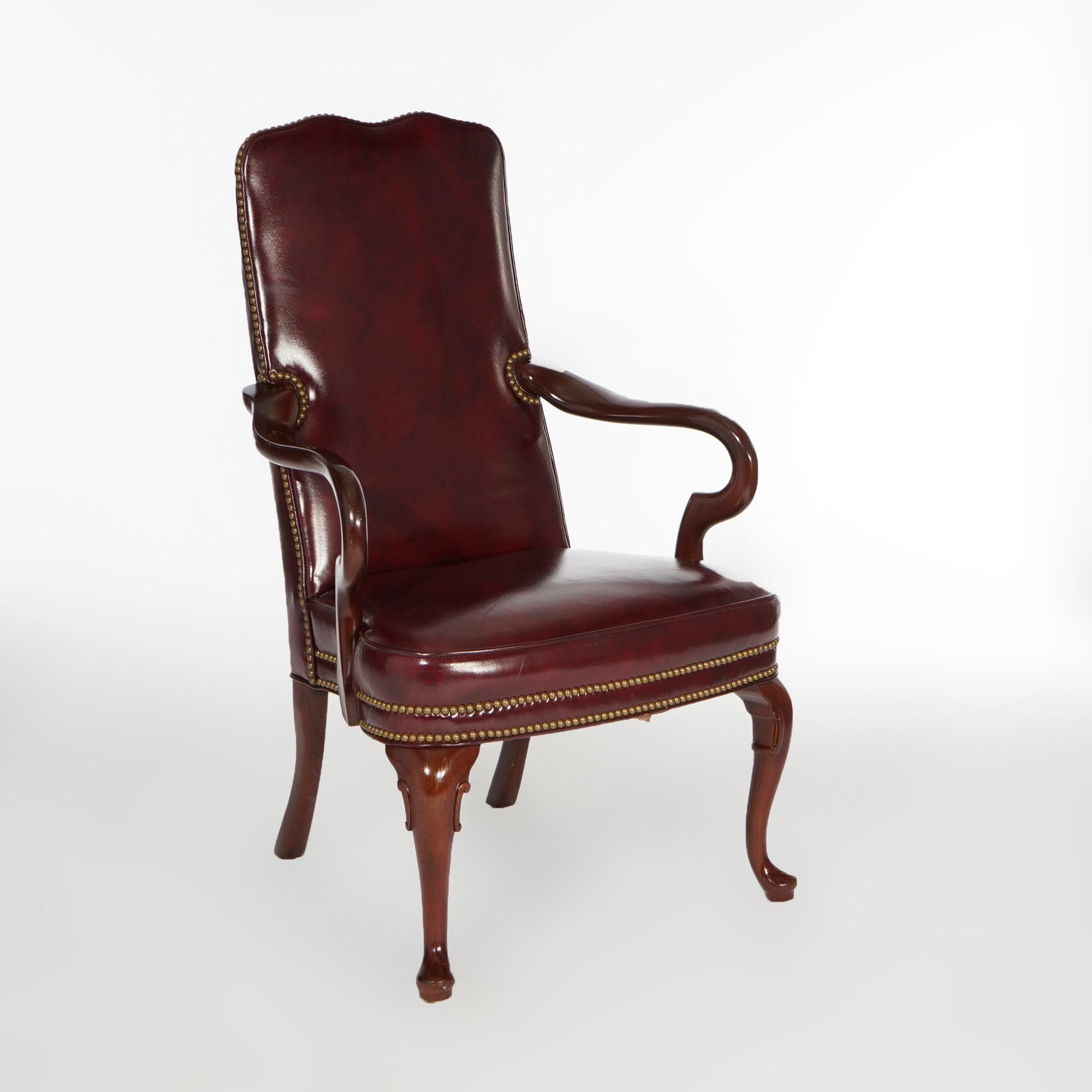 Pair Hancock & Moore Queen Anne Style Leather & Mahogany Arm Chairs 20th C 4