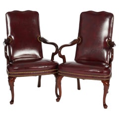 Vintage Pair Hancock & Moore Queen Anne Style Leather & Mahogany Arm Chairs 20th C